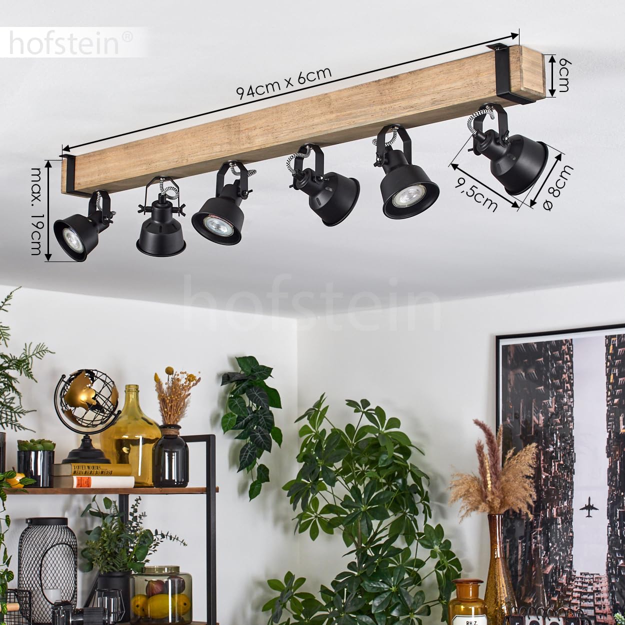 HOFSTEIN Deckenleuchte Safari, verstellbare Deckenlampe aus Metall/Holz in Schwarz/Natur, Leuchte im Industrial/Retro/Vintage-Design, Holzbalken, 6 x GU10, Wohnzimmer, Esszimmer, Schlafzimmer, Küche