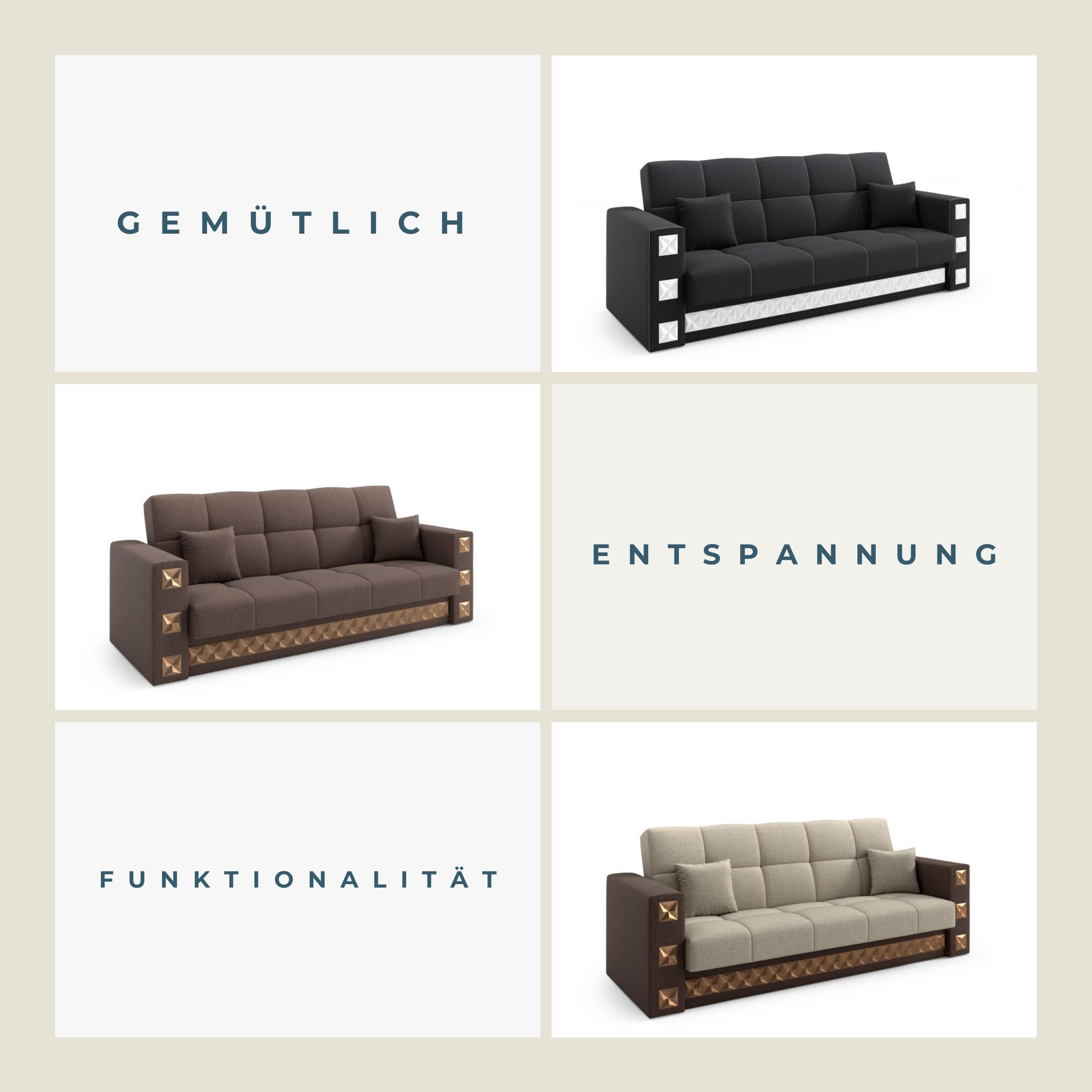 LIKMA Rozkładana Wersalka Manila Szaro/Czarna 221x91x85 cm z Funkcją Spania, Pojemnikiem na Pościel, 2 Poduszki; Sofa w Tkaninie Inari 91+100