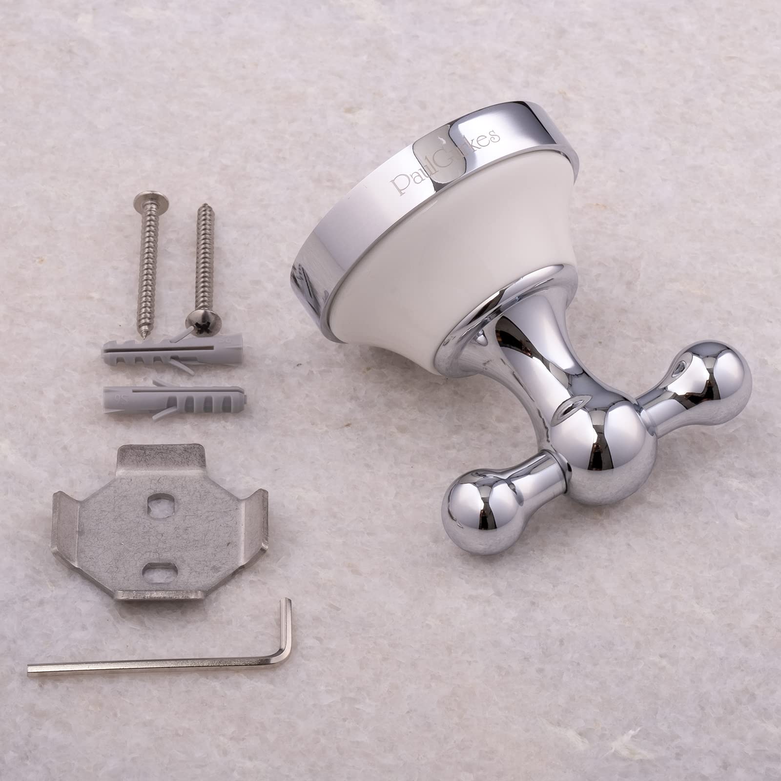 Bad-Accessoires Set Nostalgie Retro Messing verchromt, Handtuchhaken WC-Bürste WC-Papierhalter, wandmontiert, 4-teilig, weiße Keramikeinlage