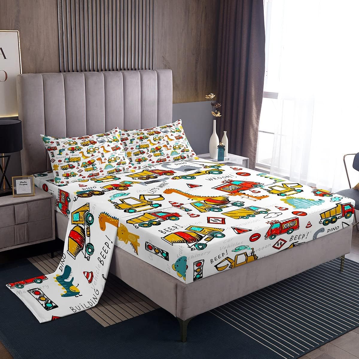 Dinosaur Bedding Set Twin Kids Cute Dino Construction Sheet Set Boys Girls Cartoon Equipment Trucks Excavator Decor Bed Sheets Microfiber Dinosaurs Machinery Cars Sheets Set White Bedroom Be