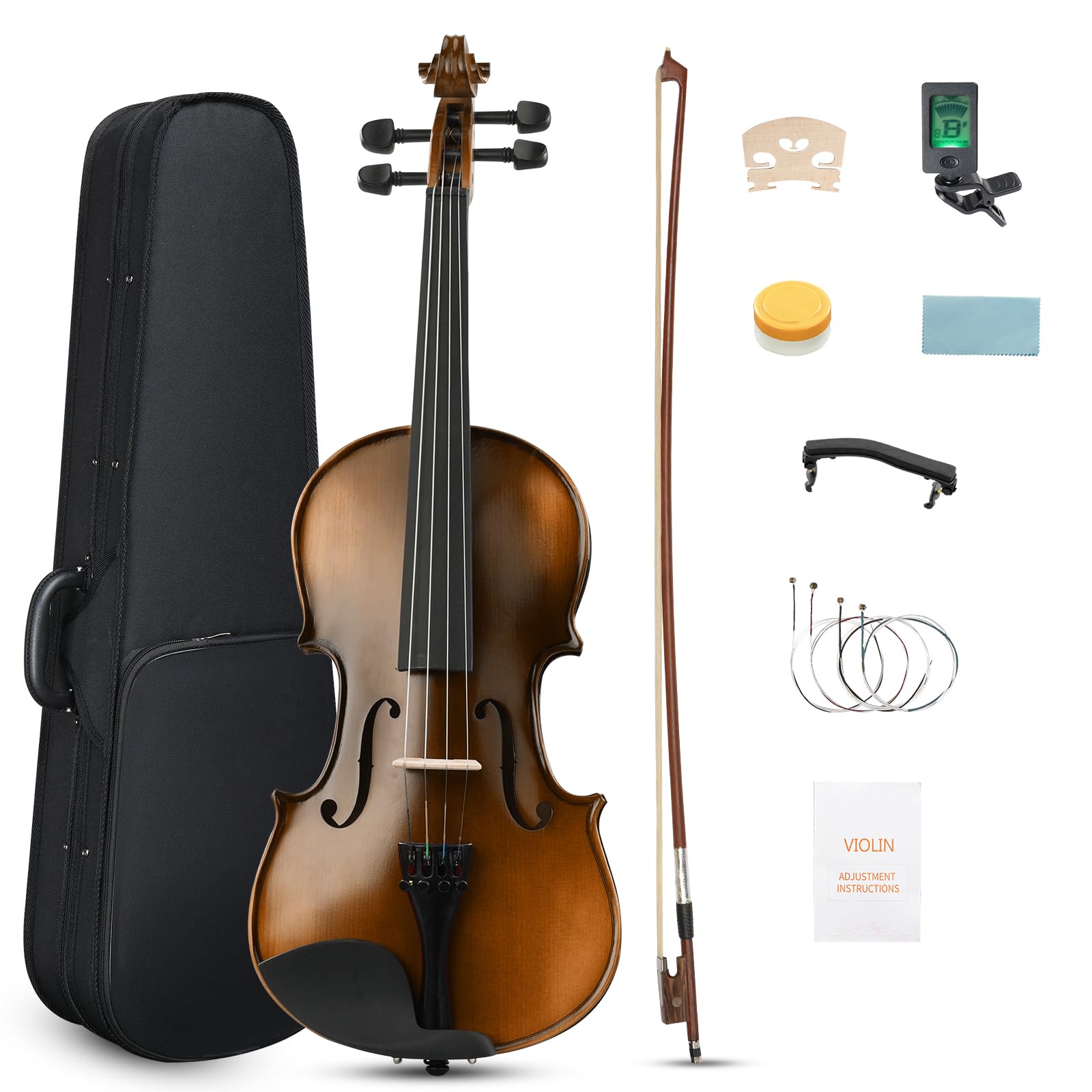 Ktaxon Violin 4/4 for Kids & Adults, Full Size Solid Wood Violin, Acoustic Fiddle with Portable Case and Accessories-Carefully Selected Solid Spruce Wood and Premium Ebony Fittings(Matte)