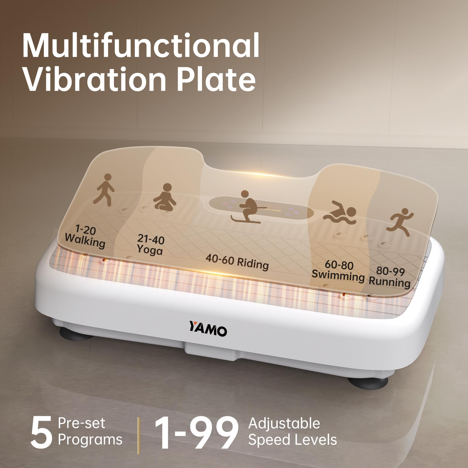 YAMO Plataforma Vibratoria | 5 Programas + 99 Niveles de Vibración | Plataforma Vibración Muscular para Hacer Ejercicio en Casa con Mando a Distancia y Bandas Elásticas