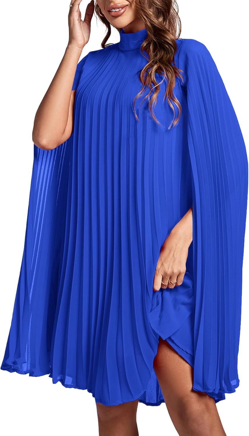 Rooscier Women's Mock Neck Cloak Sleeve Pleated Keyhole Back Flowy Party Midi Dress - Image 5