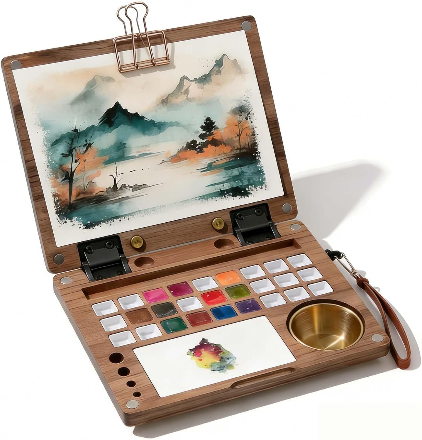 Genérico Paleta de Acuarela portátil de Madera con Recipiente para Limpiar Pinceles, Clips metálicos y Correa de Transporte: Ideal para Pintar al Aire Libre y para Artistas Que viajan.