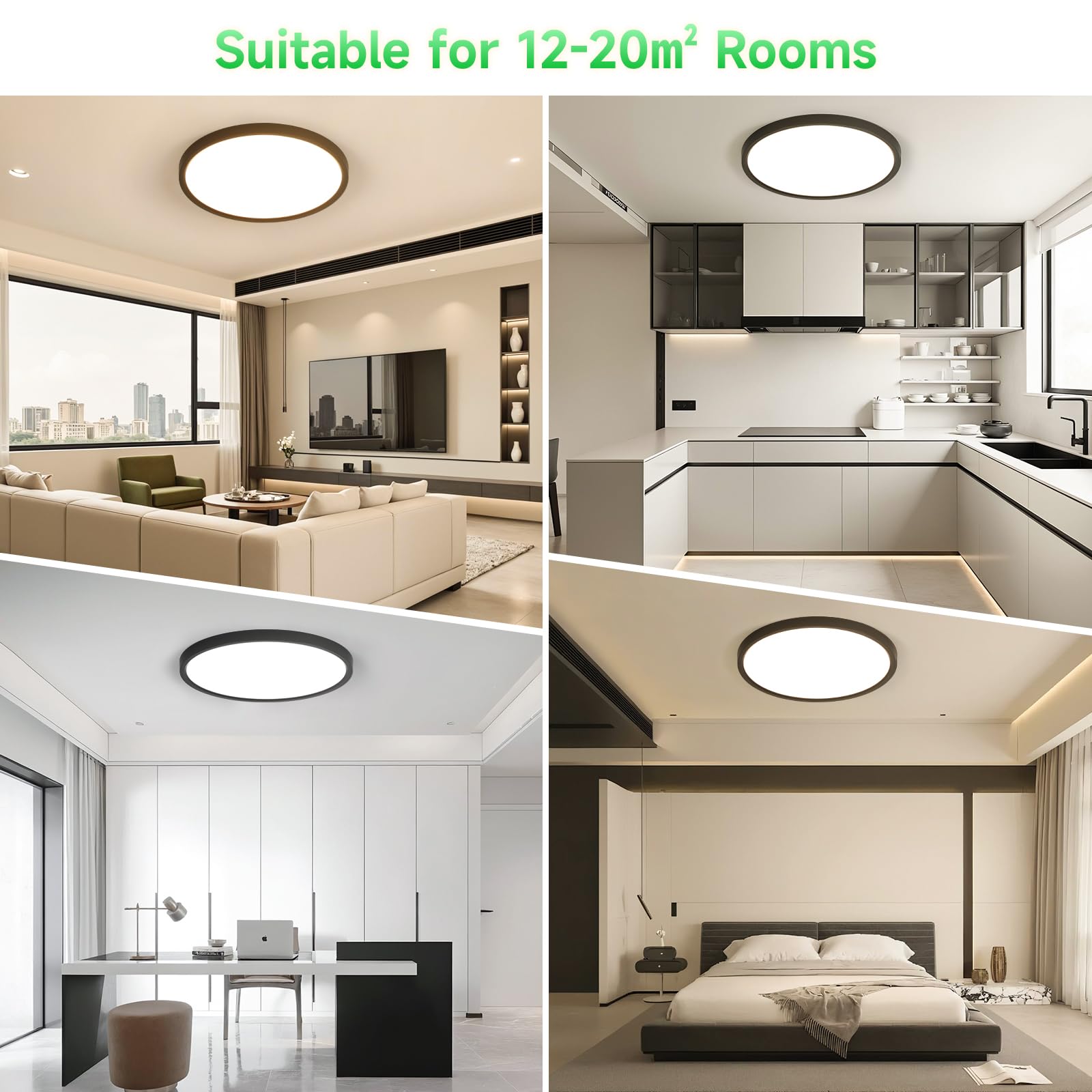 OTREN Lampa sufitowa LED do ściemniania 52 W, 5200 lm, z pilotem, trybem nocnym i funkcją pamięci, czarna 3000 K - 6500 K, wodoodporna IP44, do łazienki, kuchni i sypialni, 50 cm