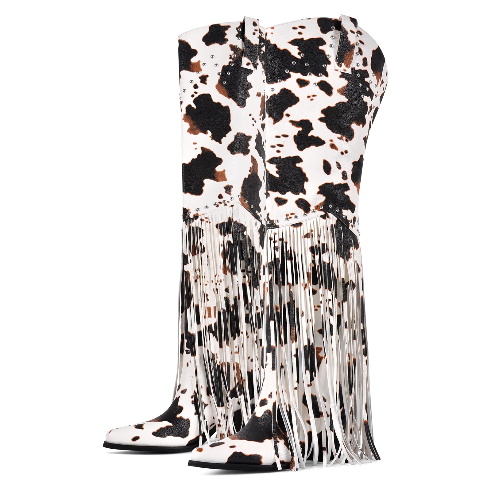 richealnini Fringe Thigh High Boots with Tassels Wide Calf Over Knee Western Cowboy Boots
