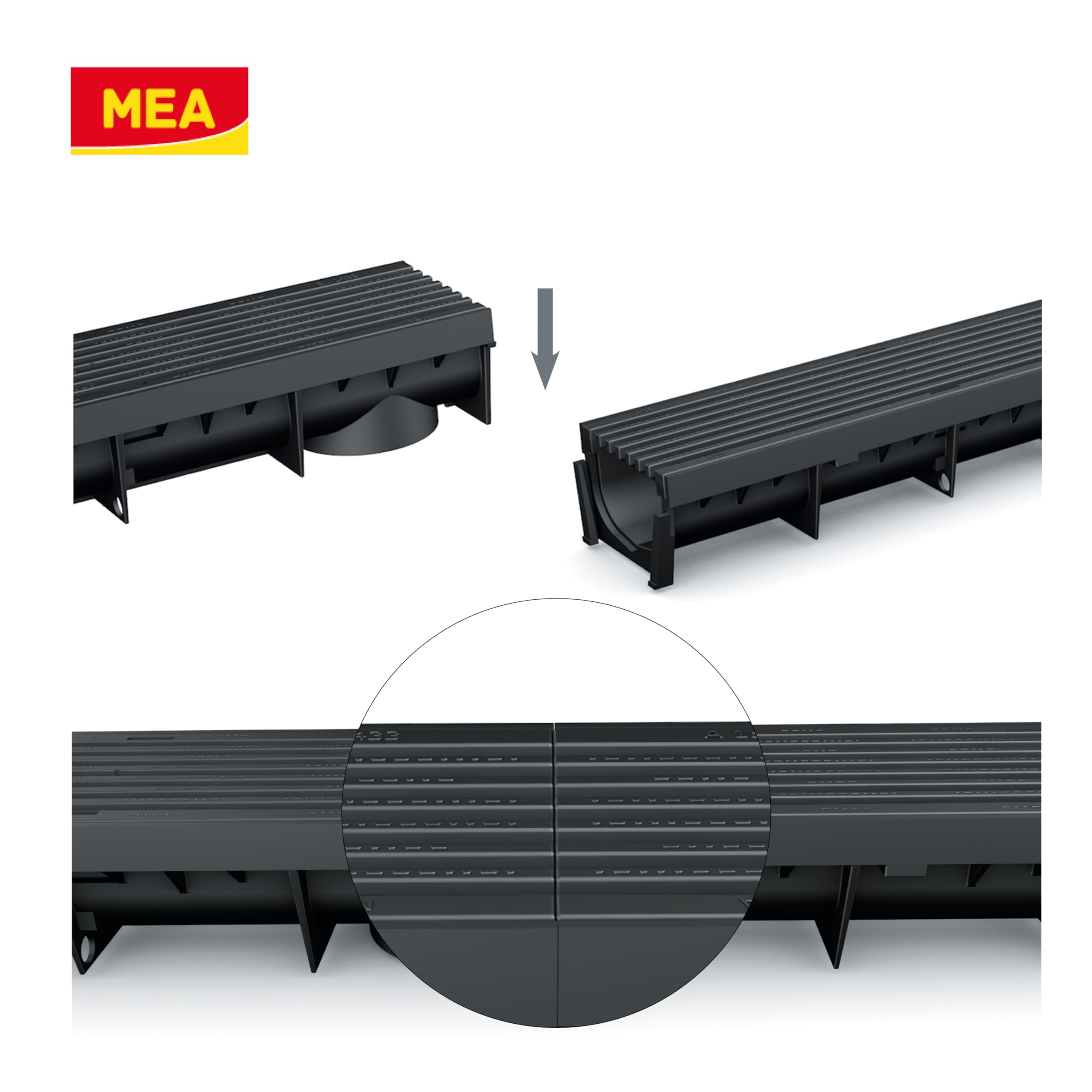 MEA Pack de 3 Caniveaux Extérieurs MEAPARK – Grille Plastique Recyclé Noir – Drainage Terrasse – Classe A15 Piéton – Largeur 10 cm