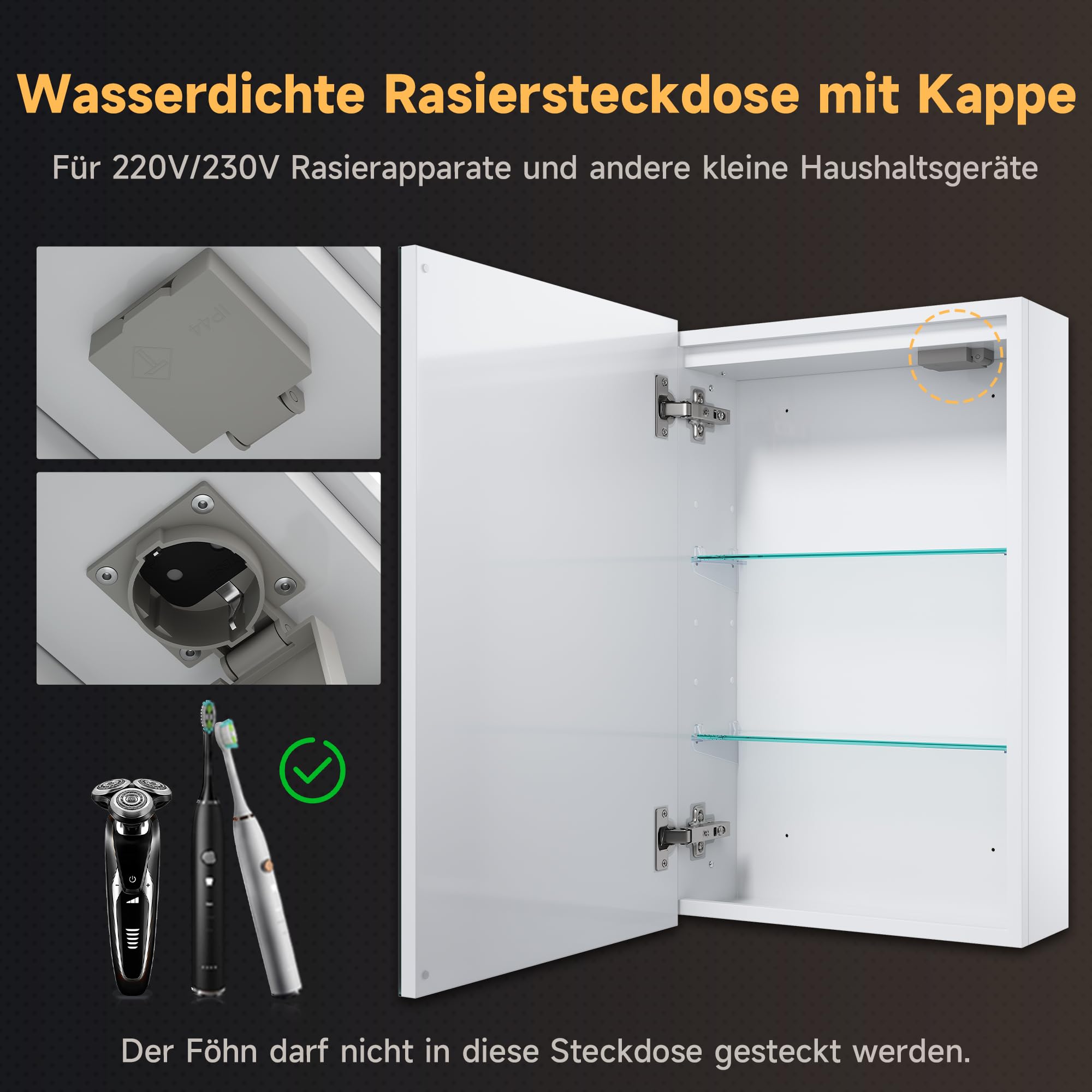 SONNI Szafka łazienkowa z lustrem LED, 60 x 38 cm, metalowa szafka z lustrem z dotykowym włącznikiem, 3 kolory światła + defogging, bezprzewodowy zawias, biała, łazienka, szafka medyczna