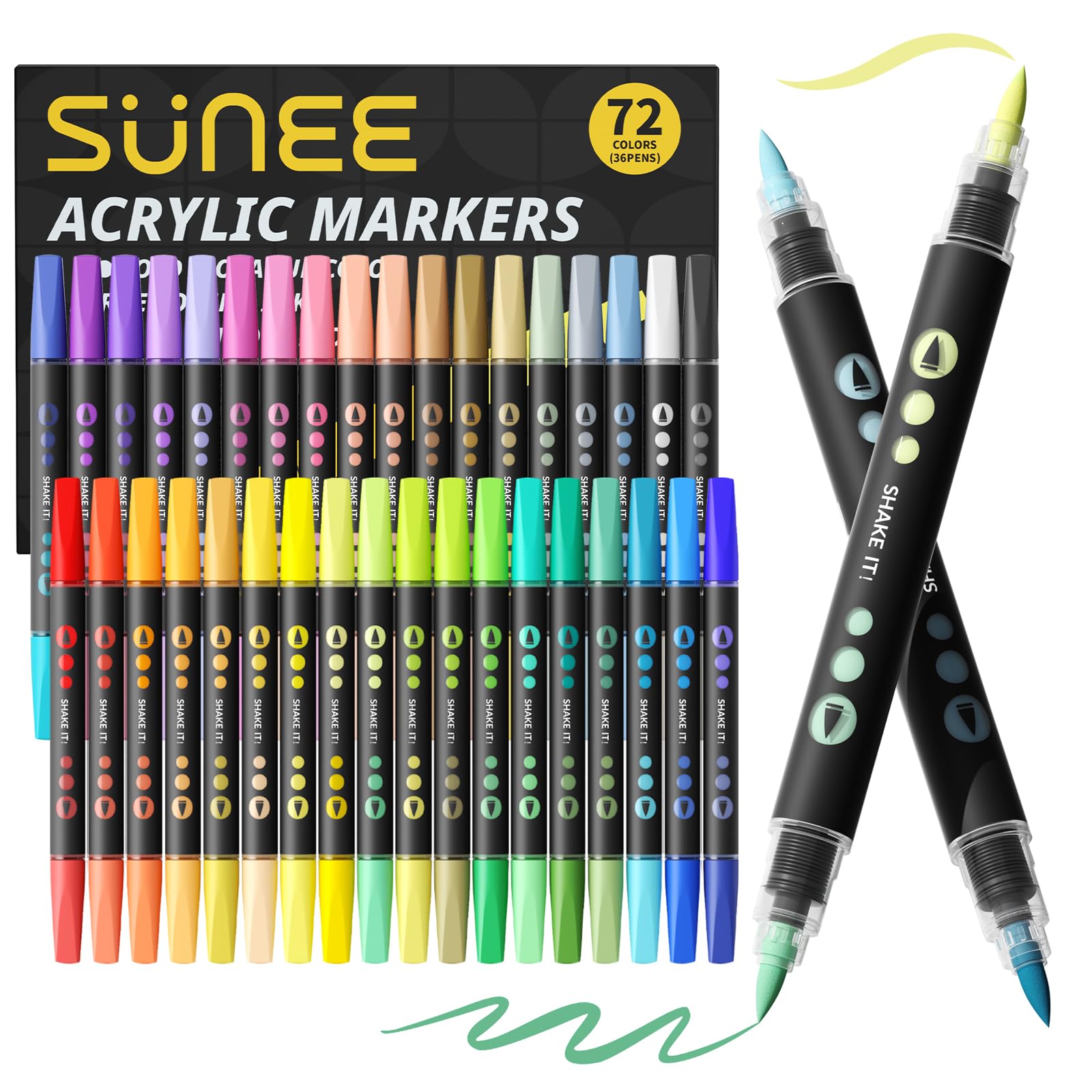 SUNEE Acrylic Paint Pens 72 Colors, 36 Pack Acrylic Markers Pens with Brush Tip, Art Supplies for Adults & Crafts