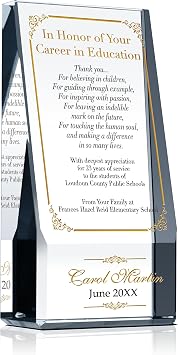 Personalized Crystal Teacher Retirement Gift Plaque Custom Engraved with Retirees Name & Date Elegant Farewell Award for Educators, Principals, Professors & Coaches M - 6.5"