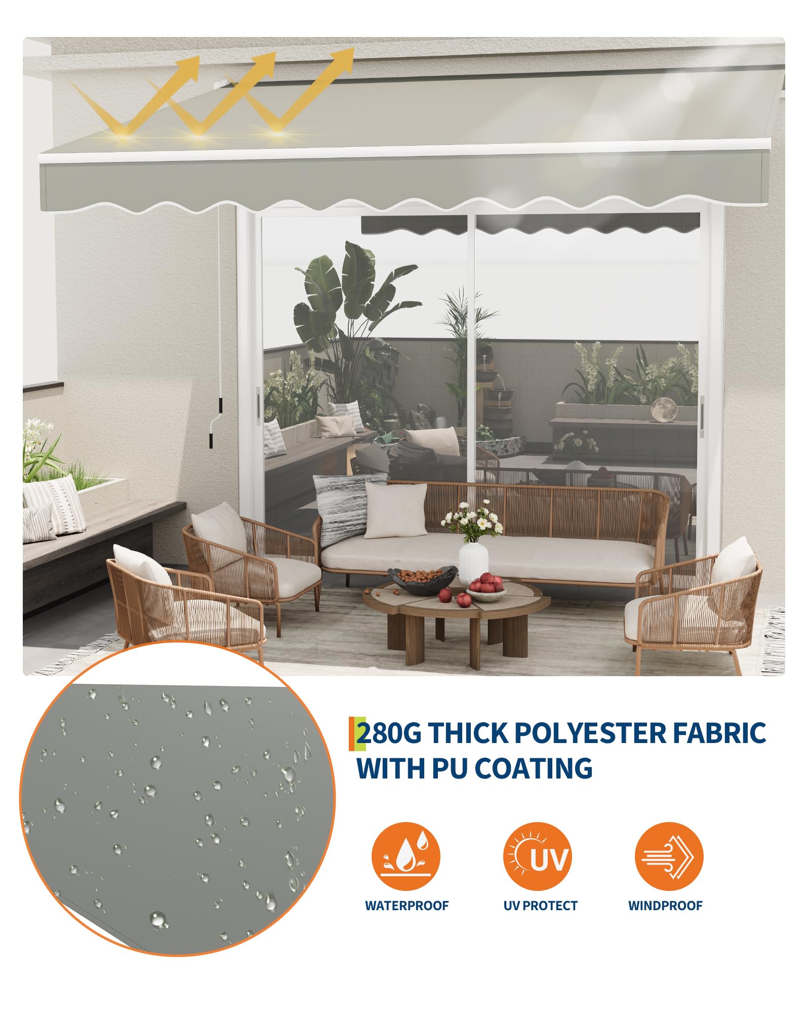 GarveeHome Gelenkarmmarkise 350 x 250 cm, UV50+ & wasserabweisend, mit Kurbel & Wandhalterung Länge + Winkel einstellbar, Markise für Terrasse & Balkon, Sonnenschutz Balkonmarkise Gelenkmarkise
