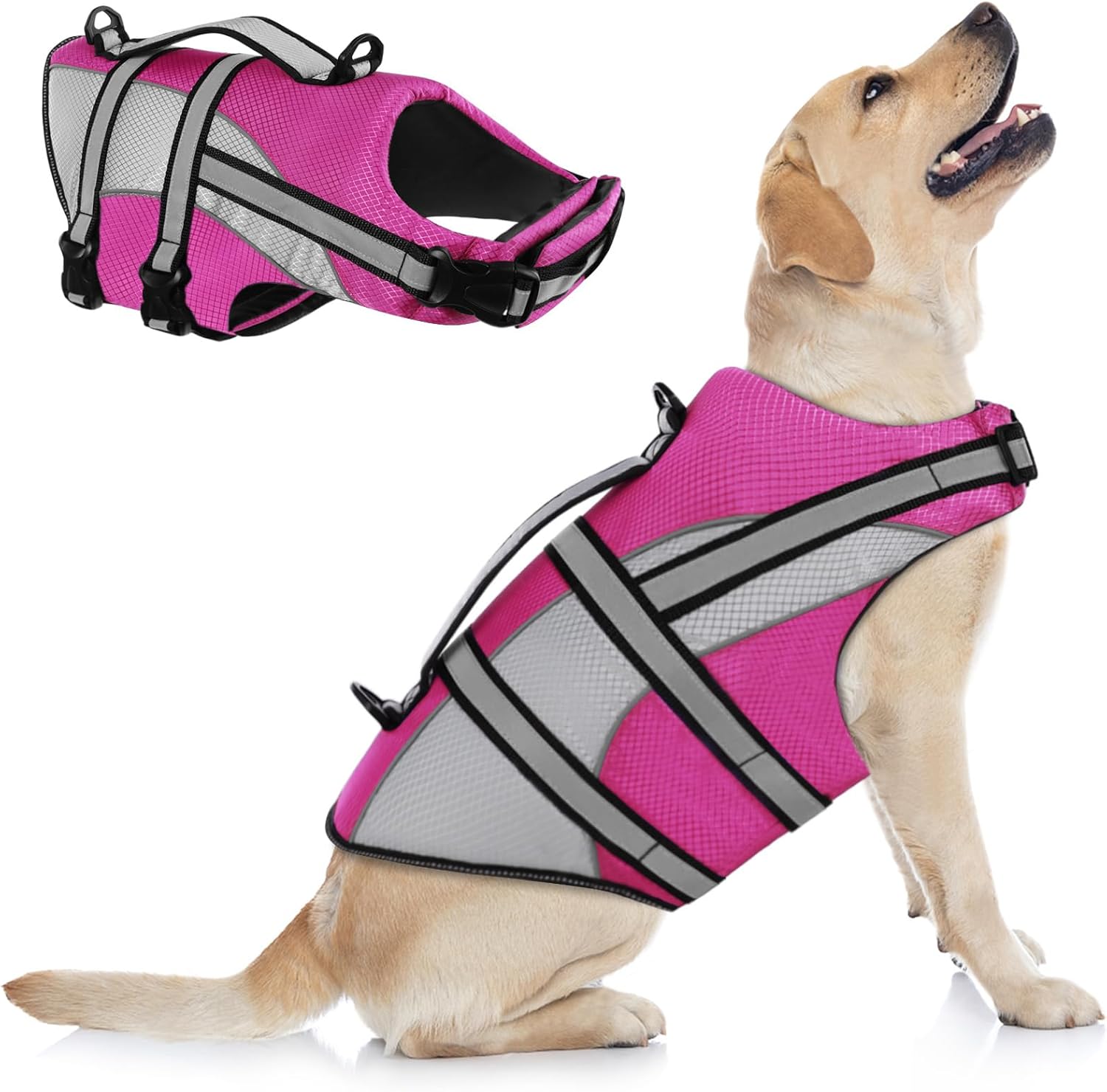 KOESON Ripstop Dog Life Jacket, Dog Life Vest with Superior Buoyancy Pet Swimming Safety Vest with Rescue Handle, Dog Float Coat Dog Life Preserver Lifesaver for Small Medium Large Dogs Pink XL