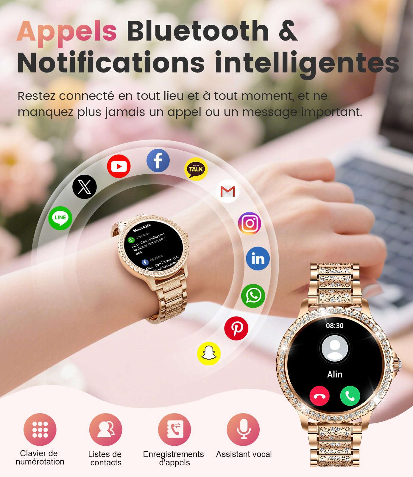LIGE 1.32" HD Montre Connectée Femme avec Appel Bluetooth, Smartwatch avec Fonction Féminine/120+ Modes Sport/Fréquence Cardiaque/Sommeil/Cycle menstruel/Podomètre Calories pour Android iOS Or Rose