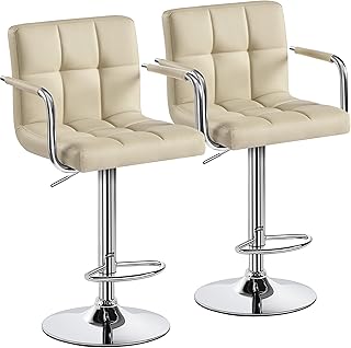Yaheetech Adjustable Swivel Bar Stools (Set of 2) - Hydraulic PU Leather Chairs with Armrests, Khaki