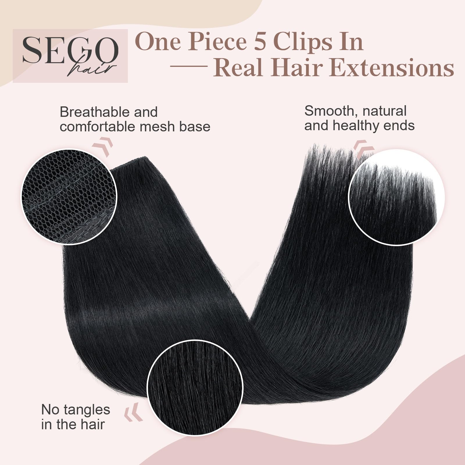 SEGOHAIR Clip in Human Hair Extensions, 20" One Piece 5 Clips Thick Clip in Hair Extension - 3/4 Full Head - Jet Black - Image 4