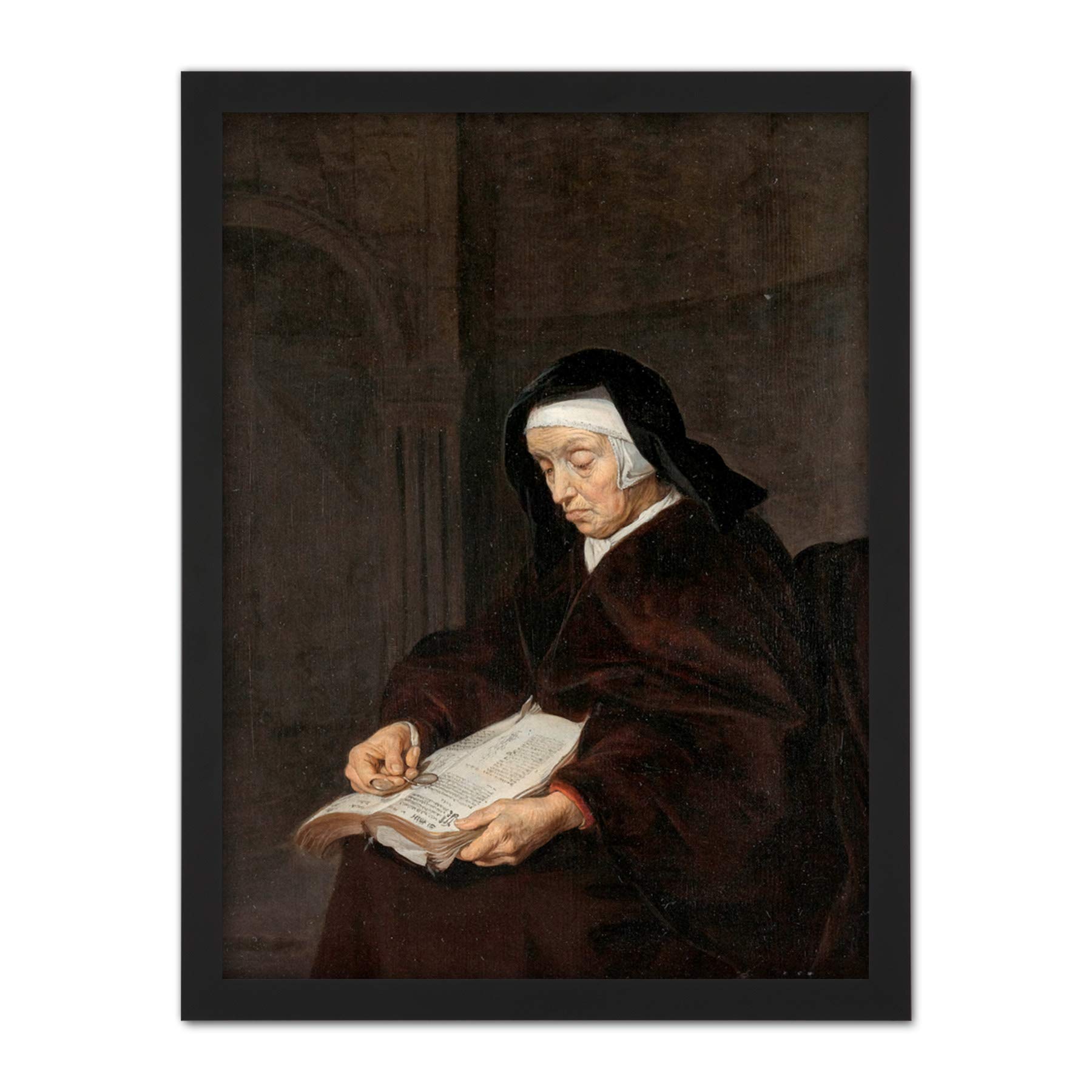 Artery8 Gabriel Metsu Old Woman Meditating Painting Artwork Framed Wall Art Print 18X24 Inch