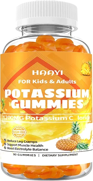 HAAYI 1200mg Potassium Chloride Supplement Gummies for Adults Women Men，High Potassium Supplement Support Leg Cramps & Electrolyte Balance& Heart Health， Sugar Free,Pineapple Flavor,90 Count