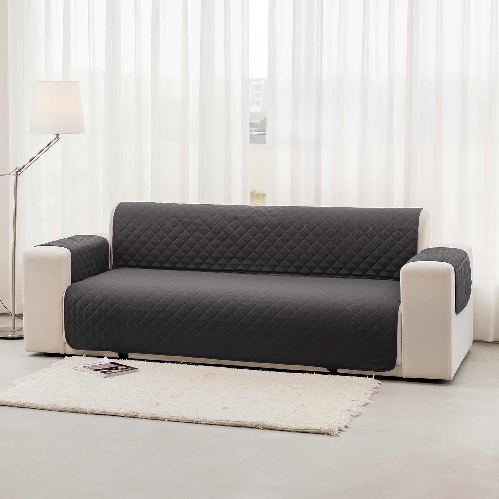 Funda de Sofa 3 Plazas 170 cm Impermeable, Fundas de Sofa Anti Gatos con Brazos, Protector Sofa Universal Reversible, Gris Oscuro