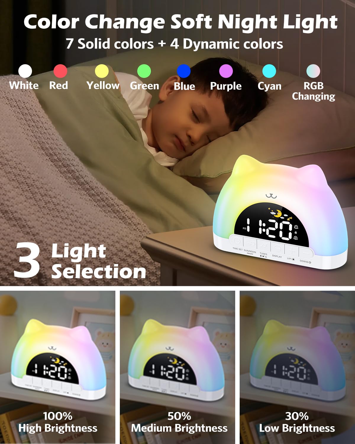Reveil Enfant Educatif Jour Nuit, Reveil Lumineux avec Veilleuse 11 Couleurs RGB, Snooze, 2 Alarme, Réveil Numérique pour Enfants avec Lune et Soleil, Entraîneur de Sommeil Fille Garçon