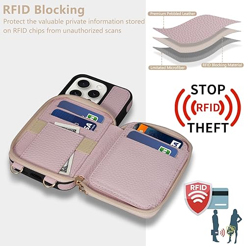 Miniatura 4 de Keallce Funda compatible con iPhone 15 Pro de 6.1 pulgadas, cremallera cruzada con ranuras para tarjetas de bloqueo RFID, soporte, cordón y correa