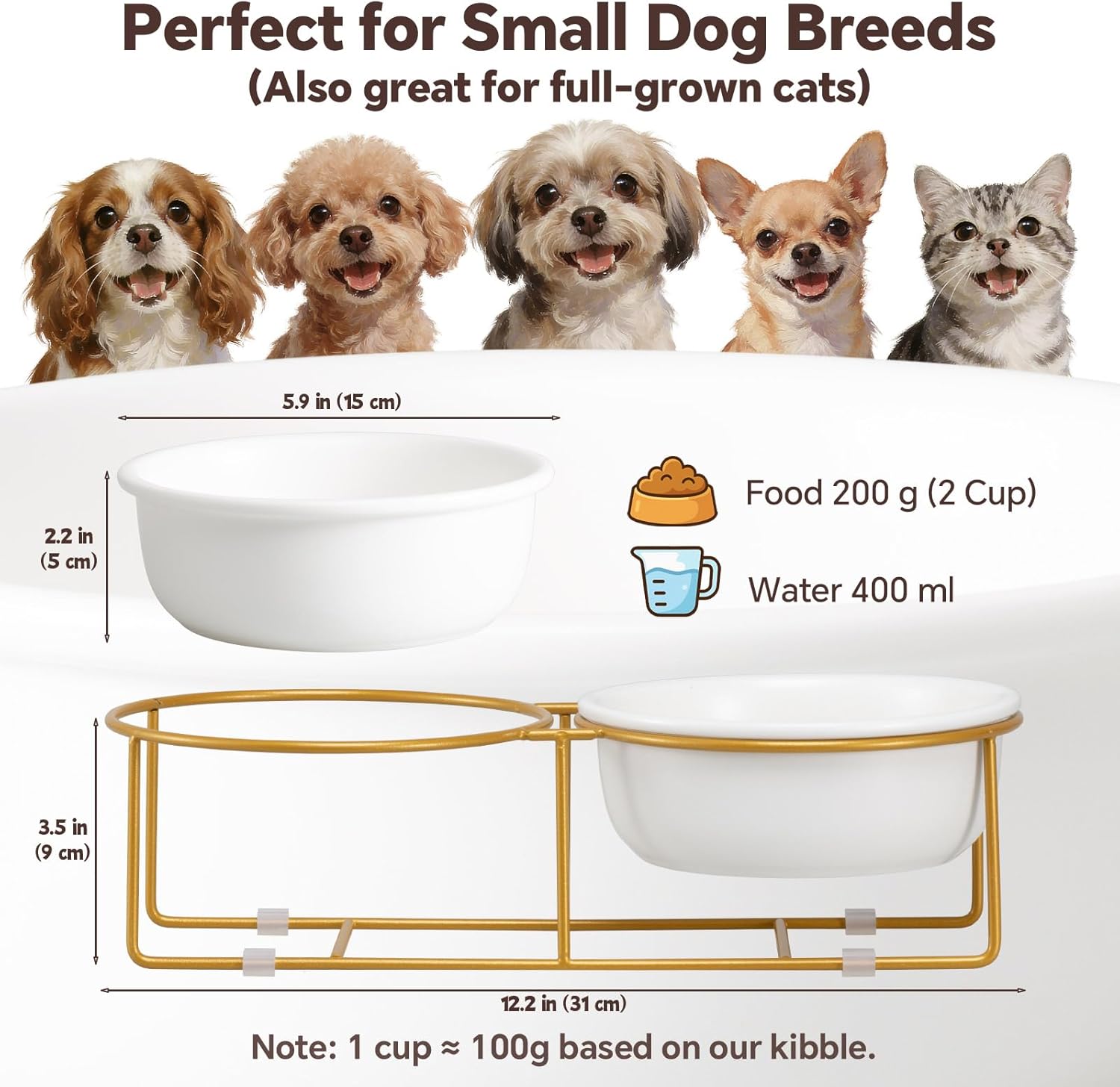 Elevated Dog Bowls for Food and Water - Double Ceramic Bowls with Metal Stand - Pet Feeding Set for Small Dogs and Cats - Each Holds 400ml / 2 Cups (Approx. 200g) - White