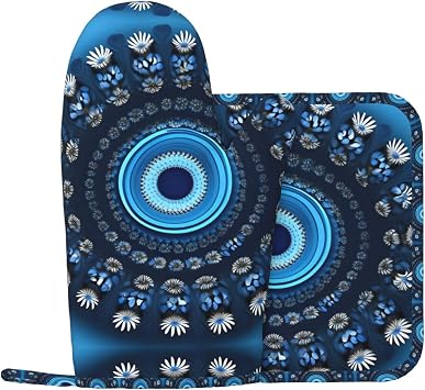 Blue Mini Flower Swirl Oven Mitts and Pot Holder 2-Piece Set,for Cooking Barbecue, Pot Lid, Microwave,Heat-Resisting