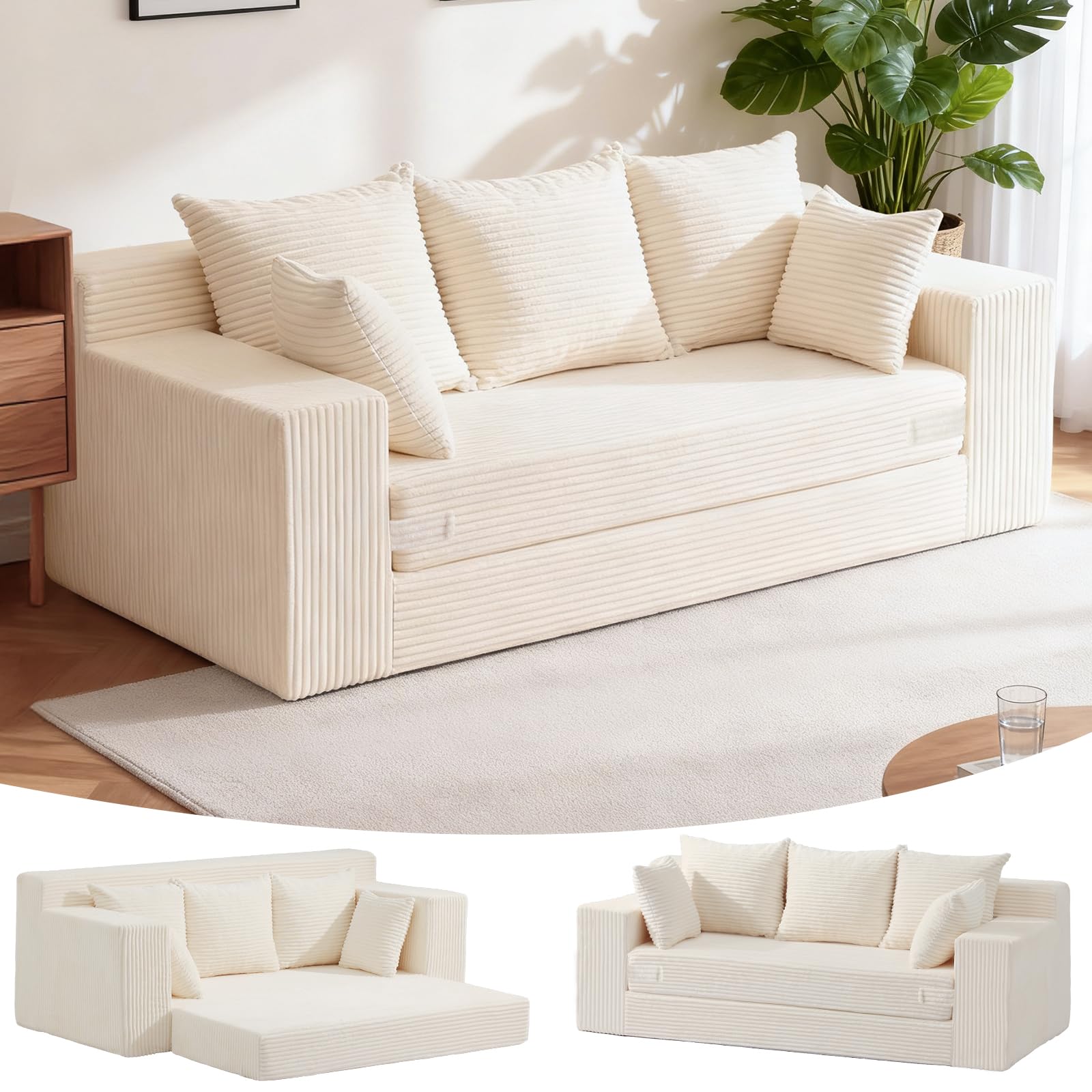 Winzoo Boneless Couch 70 inch, 3 Seater Couch with Pull Out Bed, Boneless Loveseat Oversize Beige Futon Couch Floor Bed with 5 Pillows for Living Room Bedroom Lounge Small Space