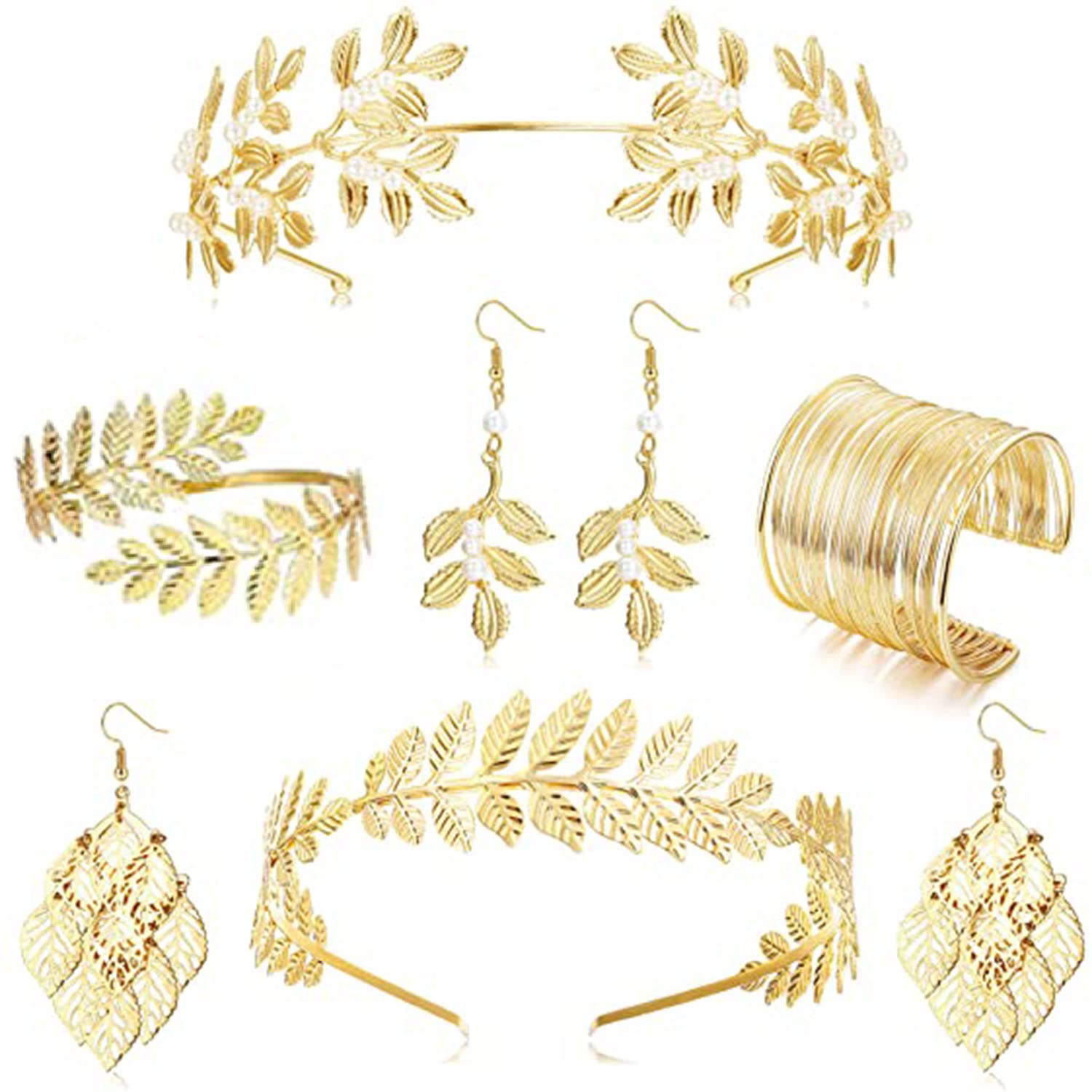 6 Piezas Superior para Mujer Brazalete, DeOro Tiara Pendientes Juegos de Joyas, Tocado De Novia, Abierto Brazalete de Hoja, para Bodas, Fiestas, Bailes, Desfile de Moda (Oro)