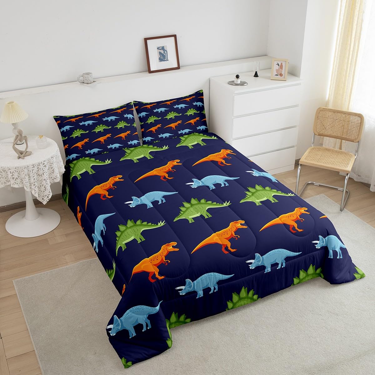 Homemissing Juego de ropa de cama de dinosaurio de dibujos animados, juego de edredón de dinosaurio azul oscuro para niños, edredón de plumón de dinosaurios, para niños y niñas, juego de edredón de