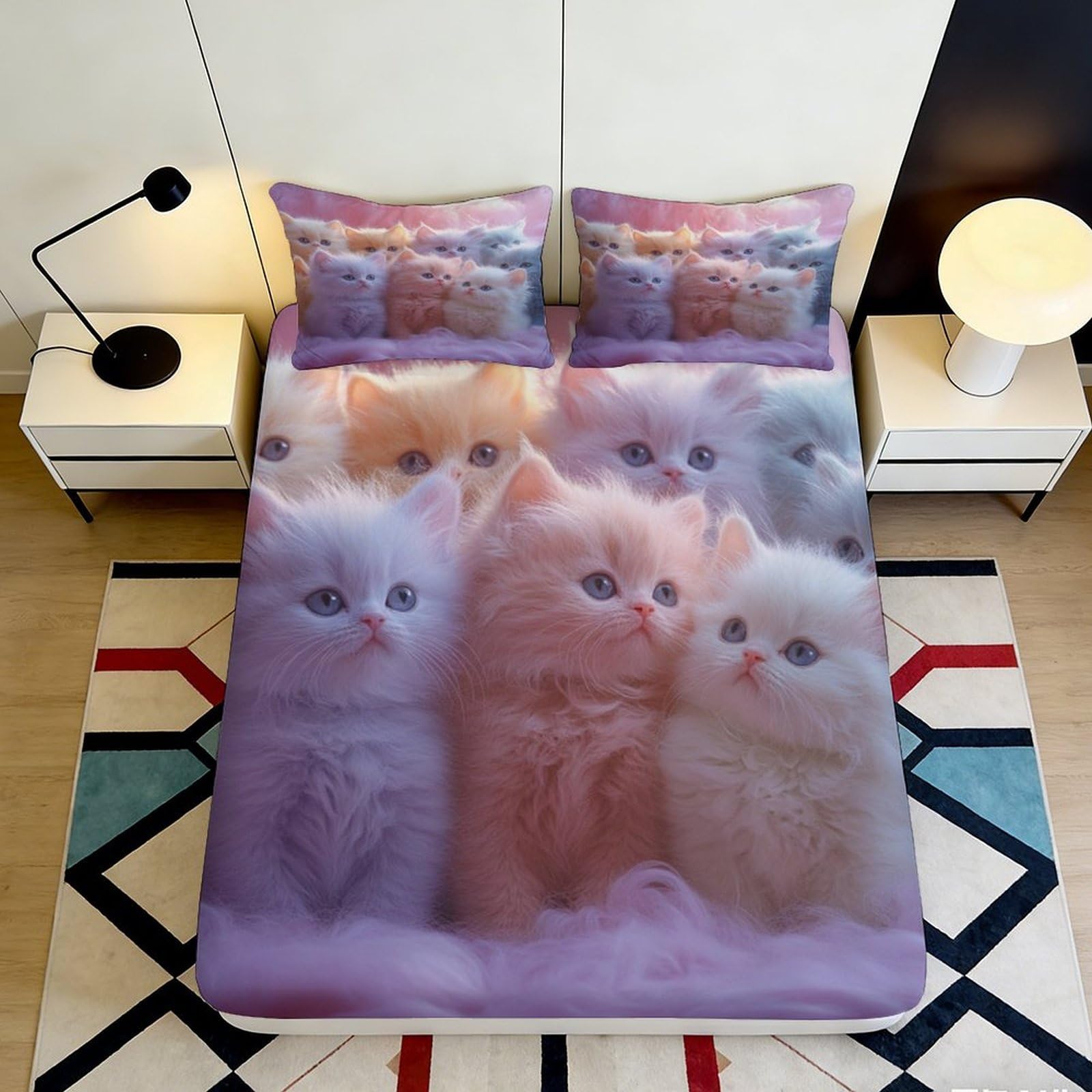 3D Printed Cute Fluffy Kitten Fitted Sheet Microfiber Soft Pastel Cat Family Mattress Cover Bedroom Decor 180x200x25cm