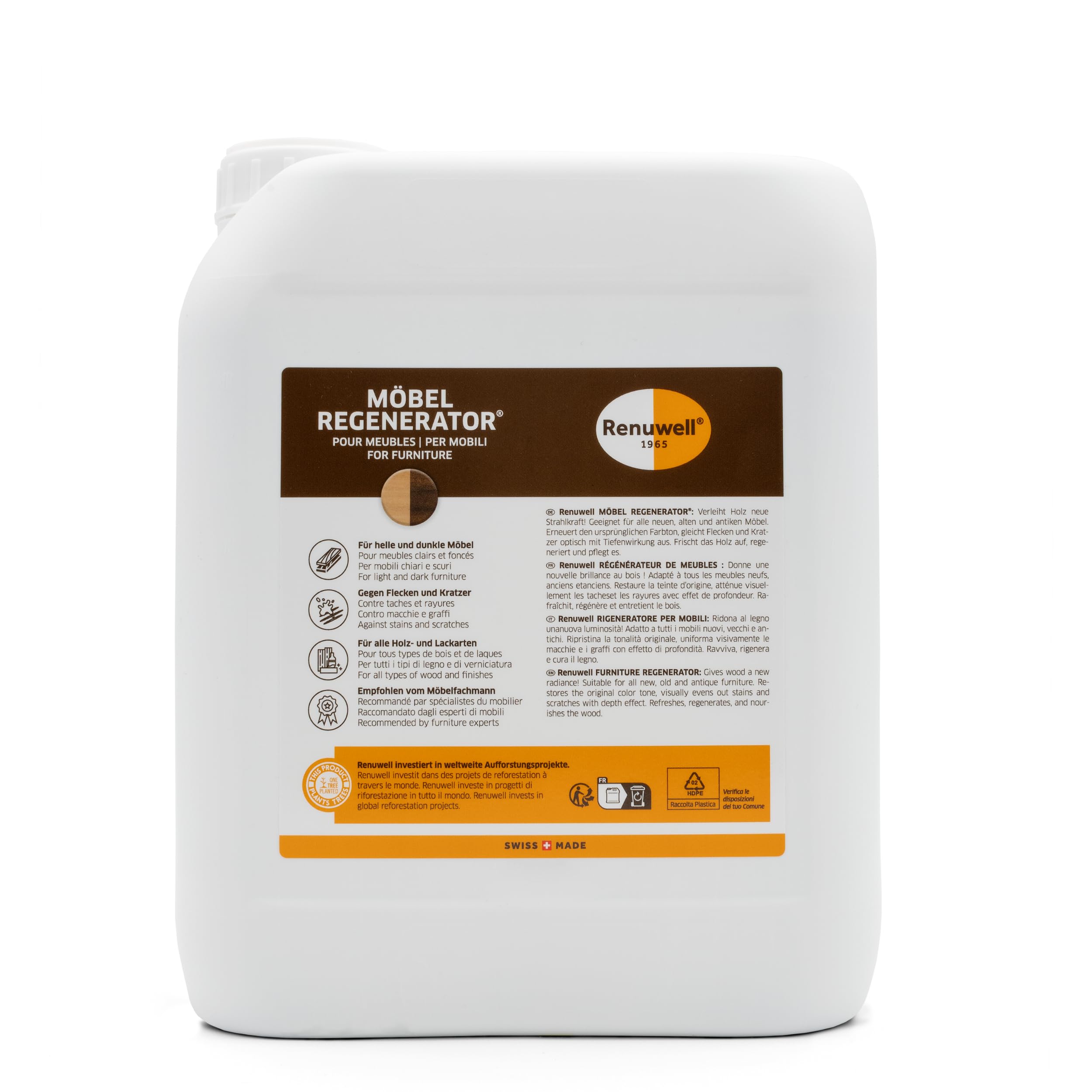 Renuwell Möbel-Regenerator, 5 Liter – Intensive Pflege und Regeneration für Holzmöbel und Oberflächen, entfernt Wasserflecken, Kratzer & Hitze-Ringe, Schweizer Qualitätsprodukt