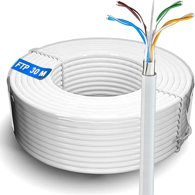 ikbc 30m Ethernet Network Bulk Cable | FTP 23AWG Shielded Gigabit Anti-jamming Internet Cable Outdoor Indoor | Cat 6, CCA, RJ45 | Colour White (30 Meters)