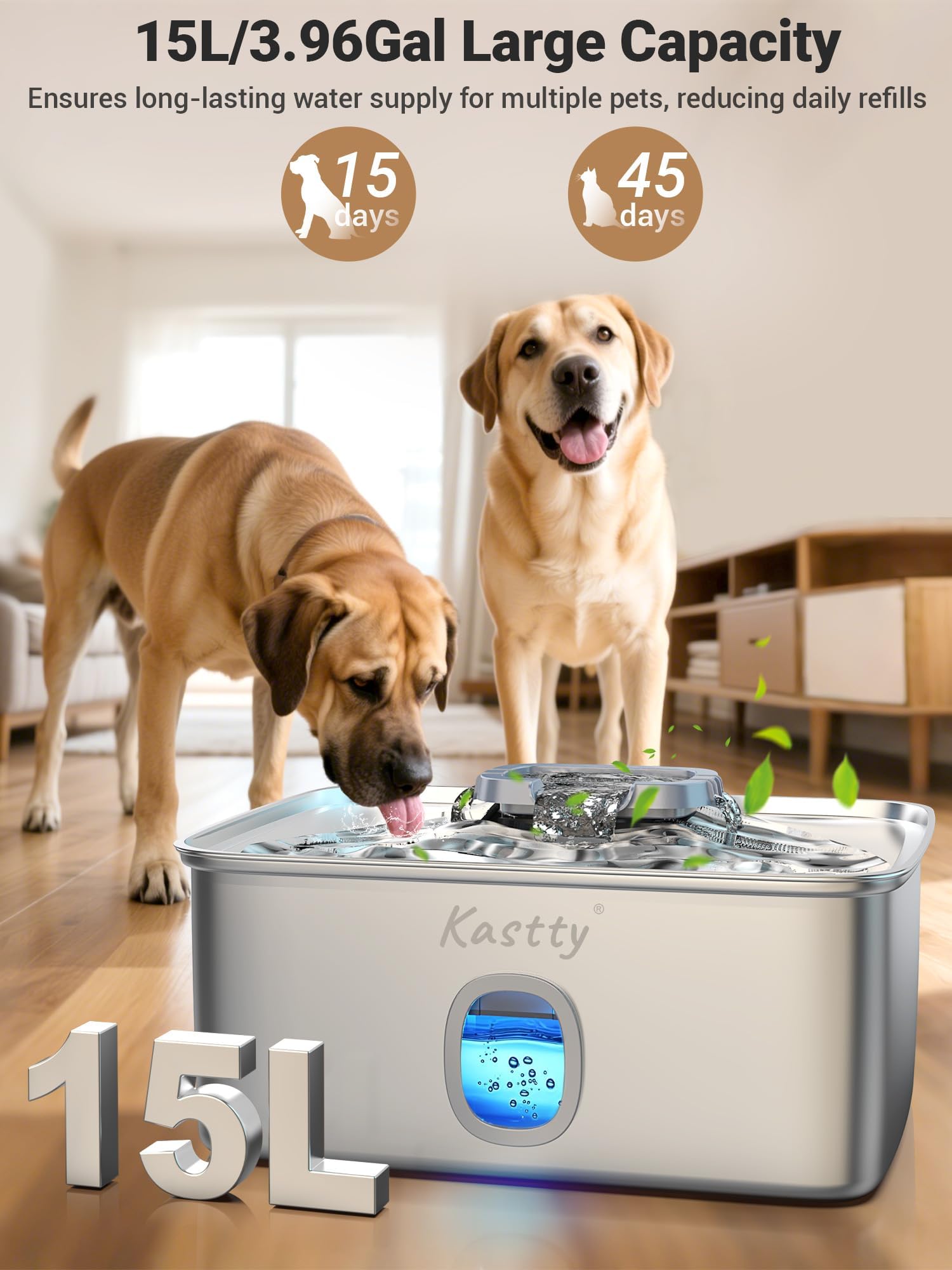 Kastty 4 Gal Dog Water Fountain for Large Dogs,15L Stainless Steel Dog Water Bowl Dispenser Triple Filtration,Ultra Quiet Automatic Pet Water Fountain with Water Level Window and LED Light(FS76) - image 2