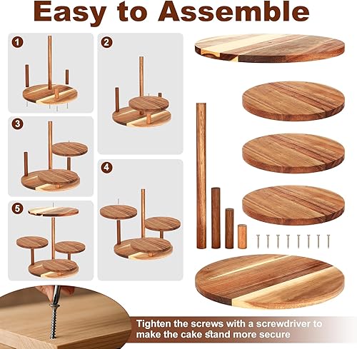 Miniatura 2 de Hushee Juego de 4 soportes redondos de madera para cupcakes con bandejas para servir, bandeja de madera de 4 niveles para pasteles con 1 plato