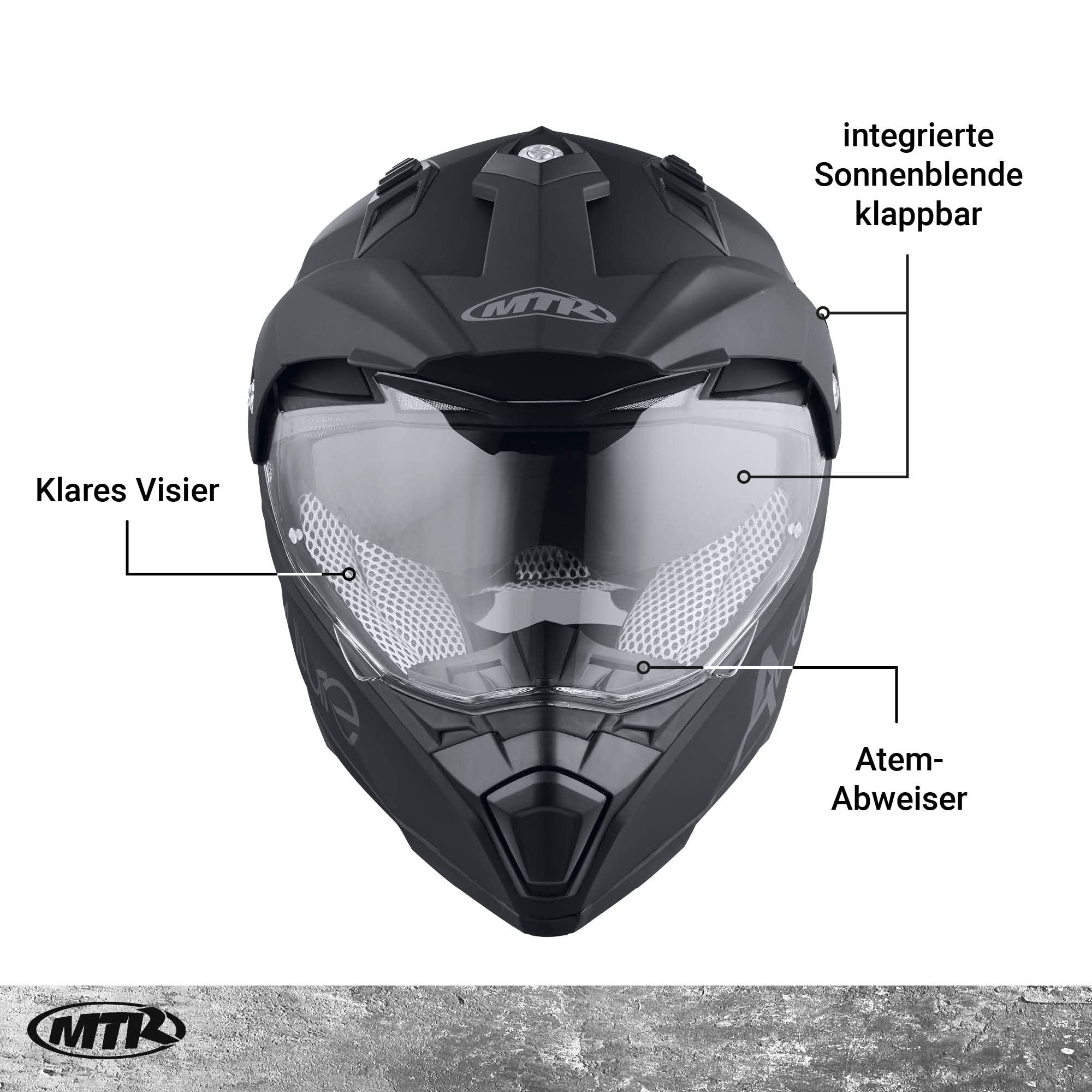 MTR SX-1 Evo Integral- & Crosshelm, ECE 22.06 Geprüfter Motorradhelm, Getönte Sonnenblende Integriert, Crosshelm mit Visier, Motorrad Helm mit Belüftung, Inklusive Wind- & Atemabweiser, XS-XXL
