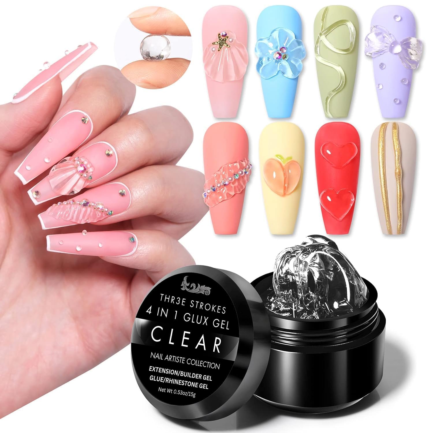 THR3E STROKES 7D Sculpting Gel for Nail Art – Clear 15g Hard Builder Gel for Nail Extension, Carving & Embossing | Non-Sticky Texture, 7D Pattern Design Gel – Professional & DIY Use (CLEAR JAR)