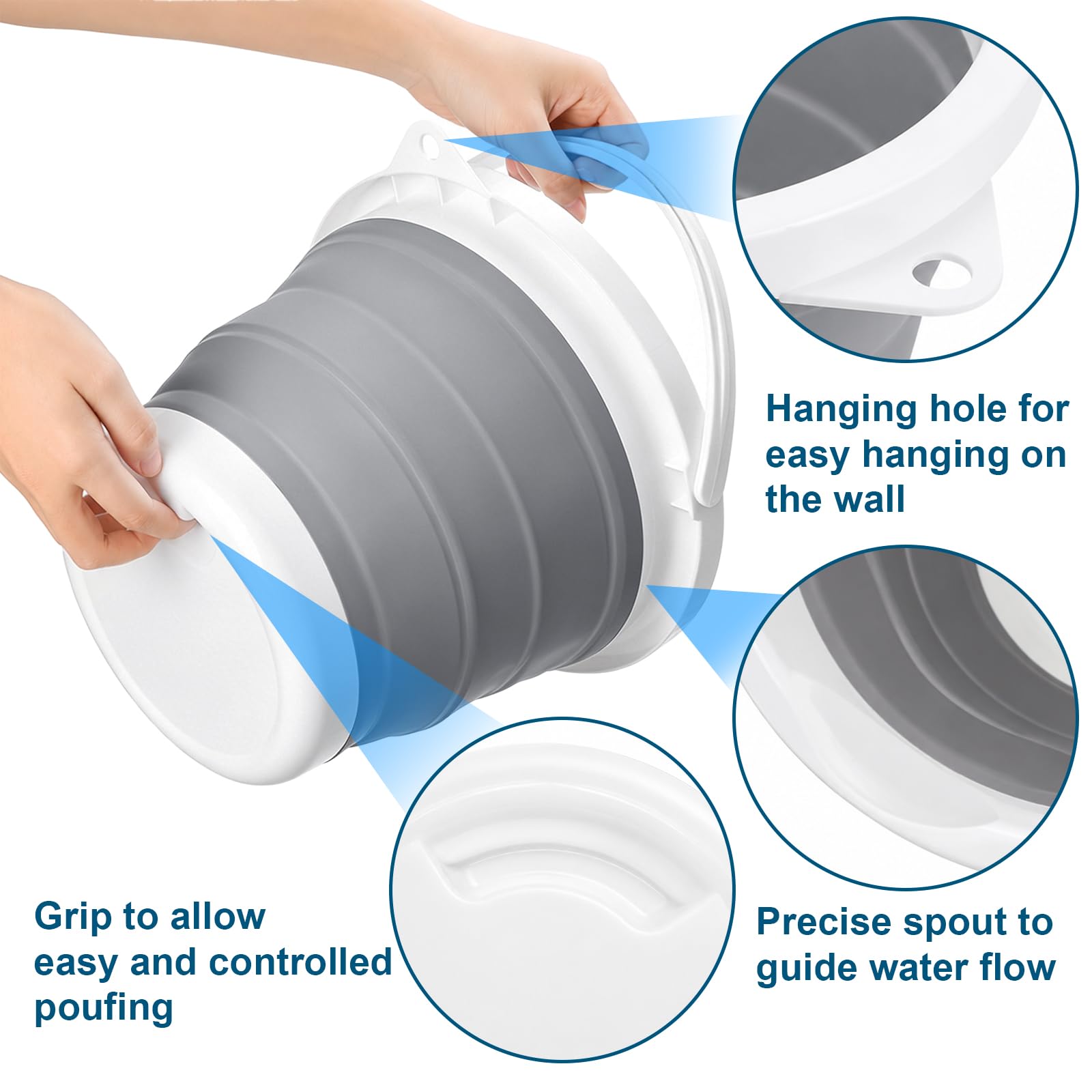 Bekith Lot de 2 seaux pliables en plastique avec couvercle de verrouillage, 5 L, seau rond pliable portable pour la pêche, la randonnée, le camping et la survie en plein air (bleu, gris)