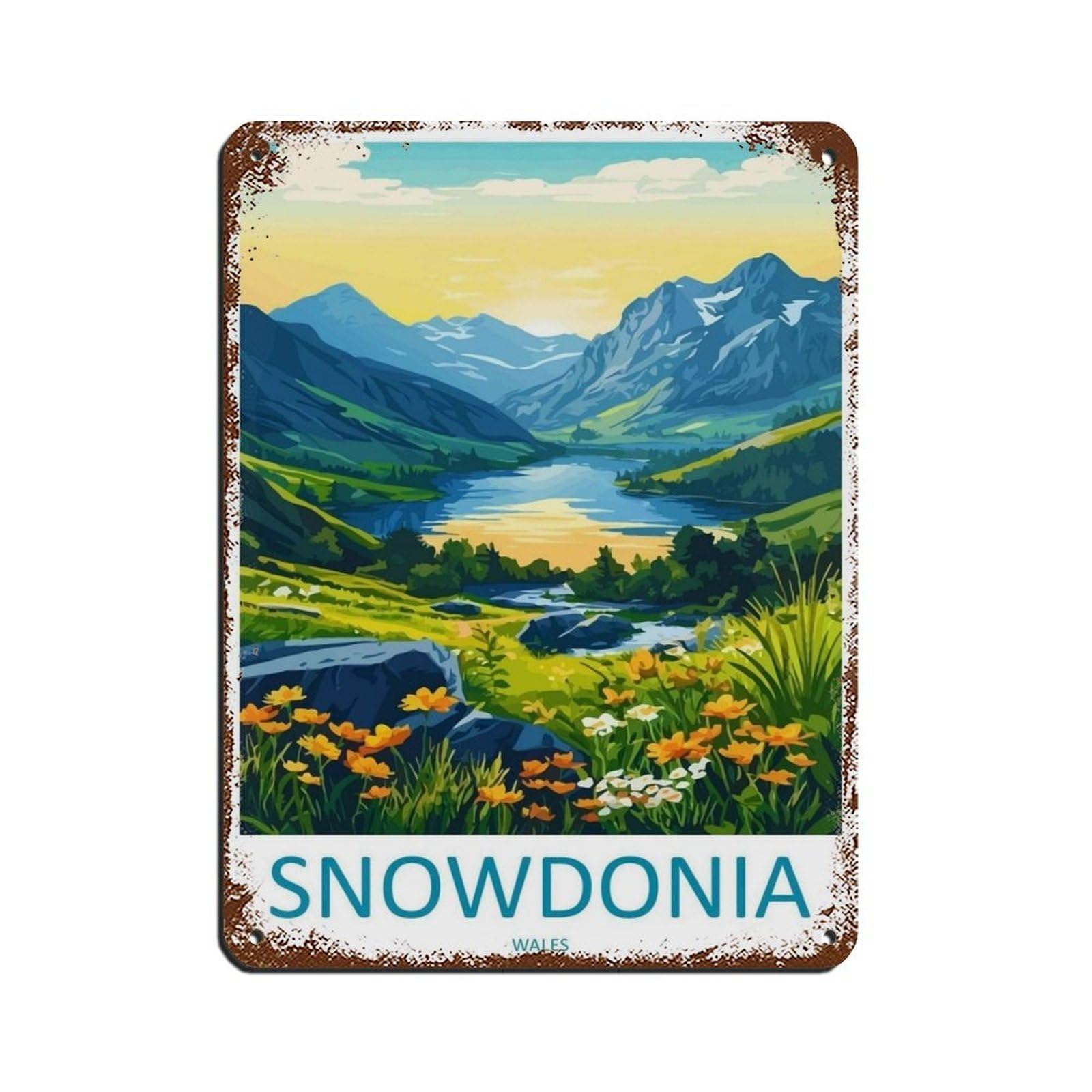 Snowdonia Cartoon Travel Poster Wales Art Tin Sign Vintage Metal Pub Club Cafe Bar Home Wall Art Decoration Poster Retro 12x16inch(30x40cm)