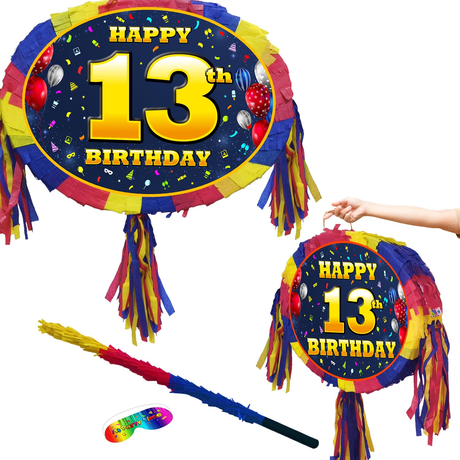 13th birthday pinata with stick - Thirteen party game - Big 18 inch, Red, Blue, Yellow