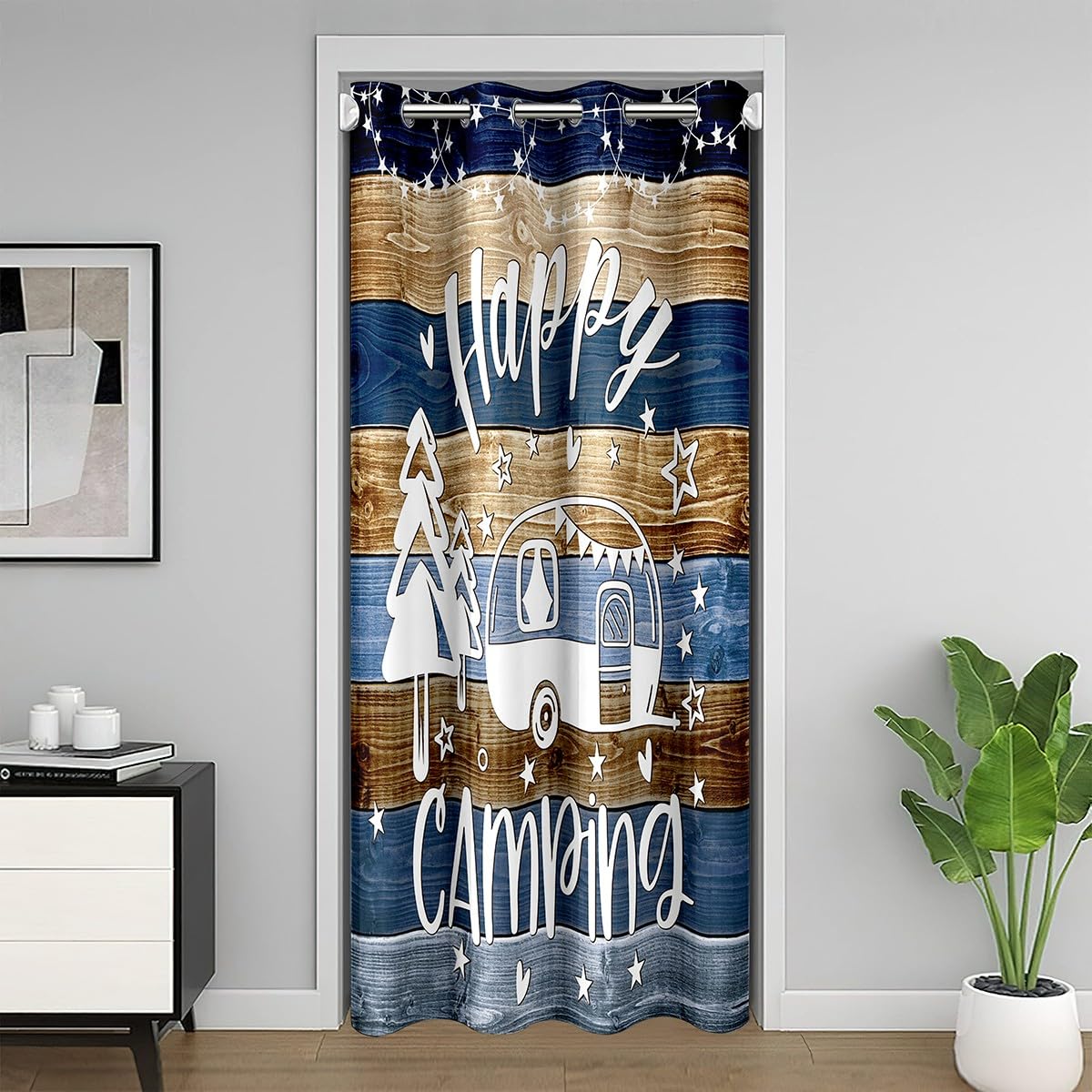 Feelyou Camper Blackout Insulated Thermal Curtain for Travel Trailers 1 Panel, 34"x80" Happy Camping Doorway Curtain Privacy RV Decor Black Grid Door