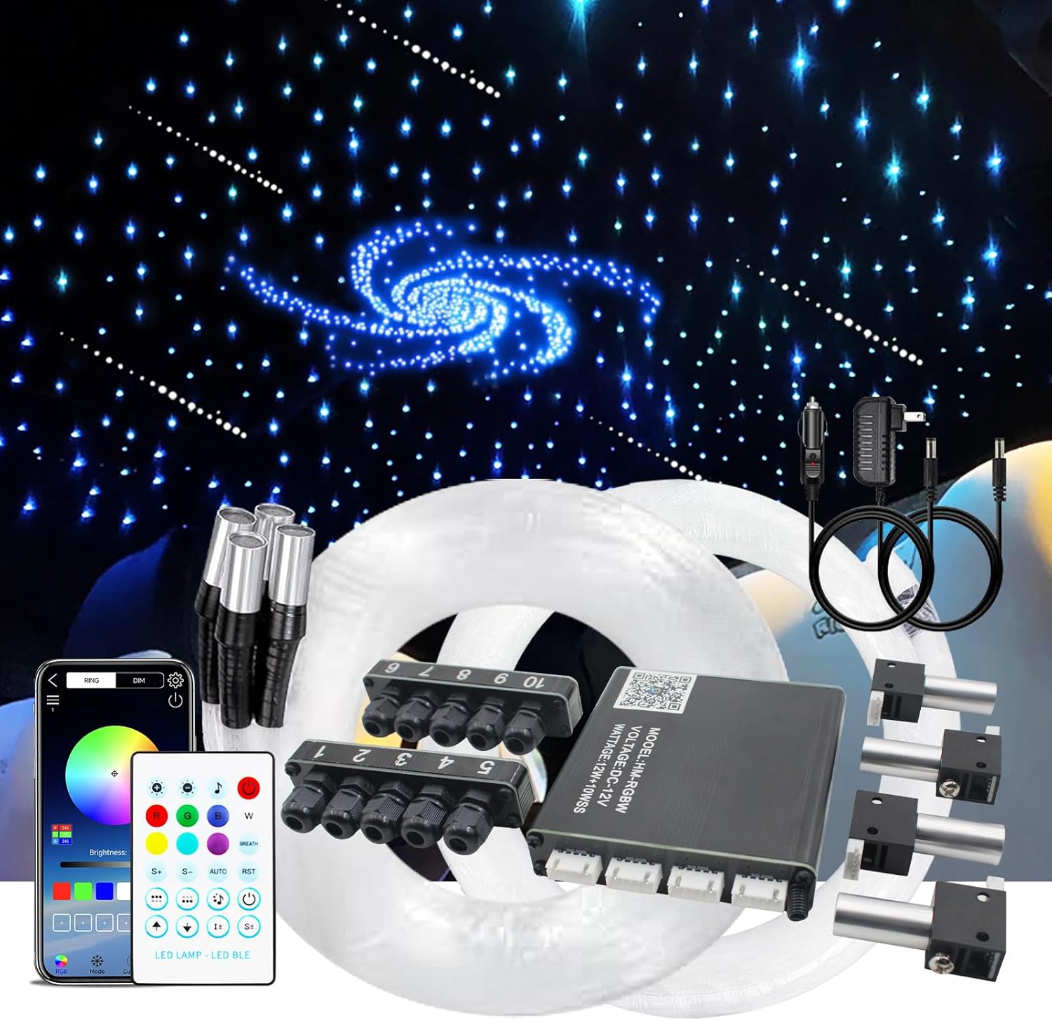Upgraded Starlight Headliner Kit, Meteor & Music Effect 16 Million Colors, 22W RGBW 1300pcs 0.2in x 4.92ft, Split 4+10 Holes Fiber Optic Light Kits for Car Home Ceiling, APP & Remote