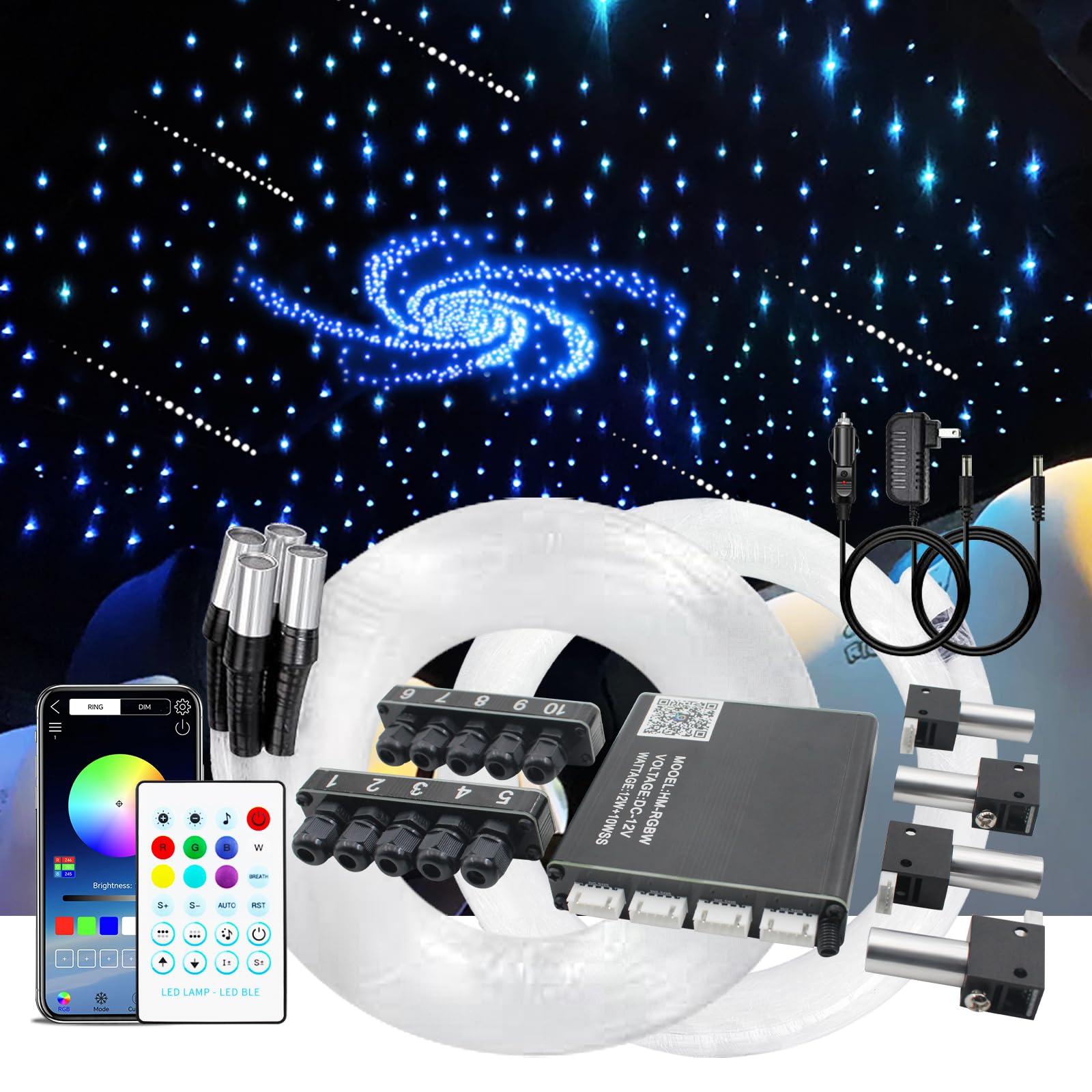Photo 1 of Diadcely Upgraded Starlight Headliner Kit, Meteor & Music Effect 16 Million Colors, 22W RGBW 1300pcs 0.2in x 4.92ft, Split 4+10 Holes Fiber Optic Light Kits for Car Home Ceiling, APP & Remote