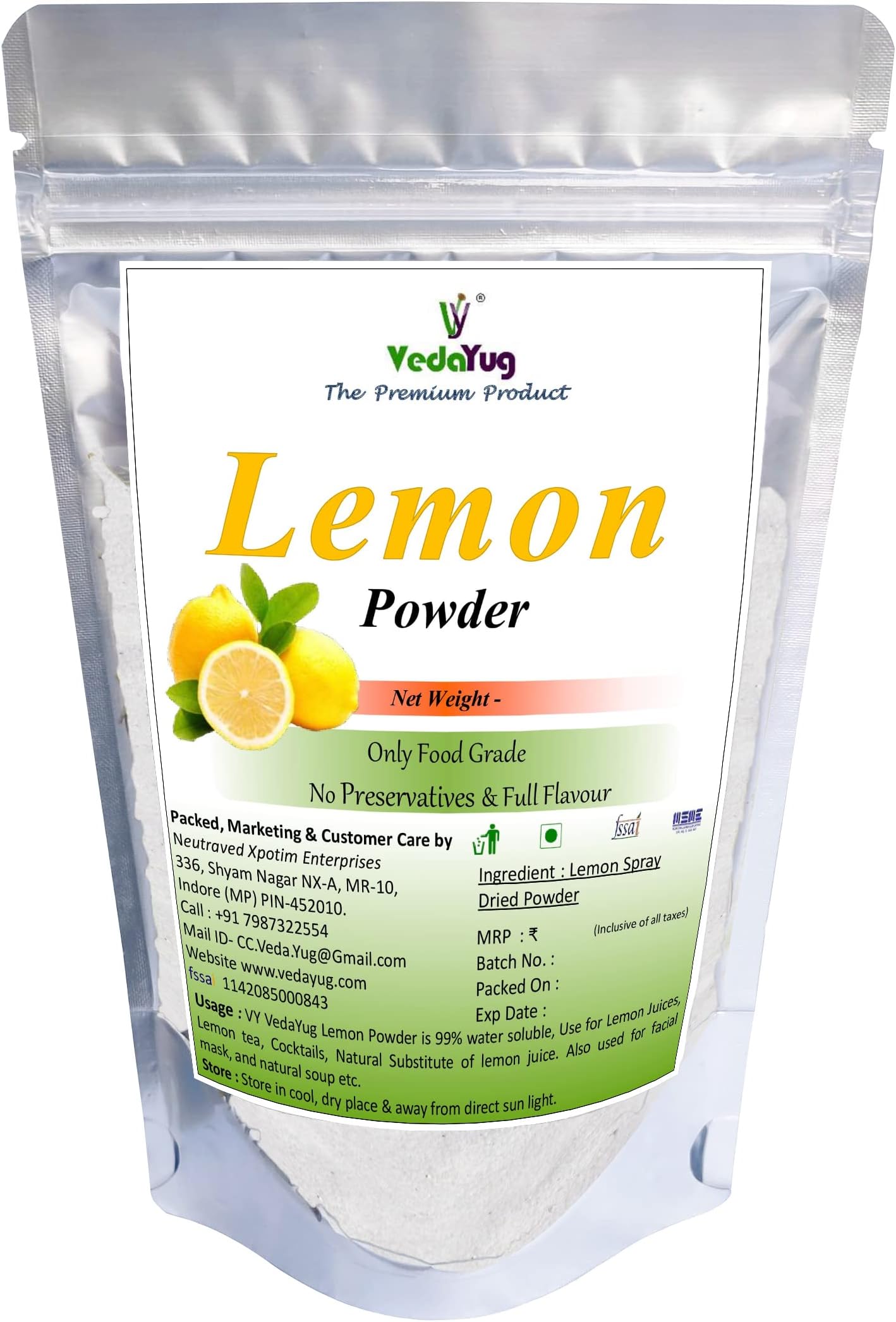 - VY VedaYug Lemon Powder, 400g | Natural Lemon in Resealable Pouch | 100% Water Soluble | Best for Flavoring, cooking & Juice - 400g Pack of 1