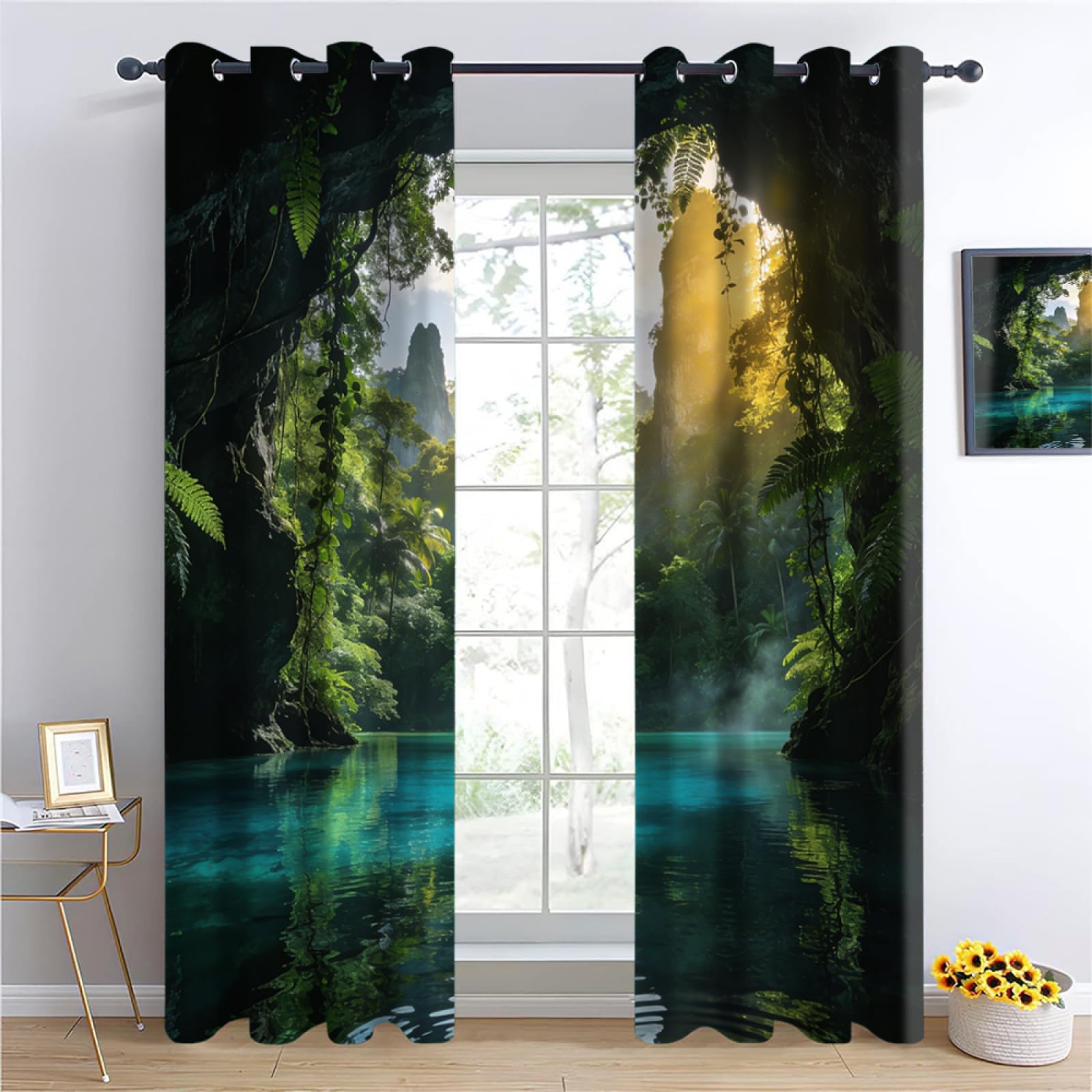 tropical forest Insulated Blackout Curtains,jungle cave Bedroom Curtains, Sunshine Forest Drapes for Kids Nursery, Natural Secret Realm Style Living Room Printed Noise Reducing W96 x L183cm 2 Panels