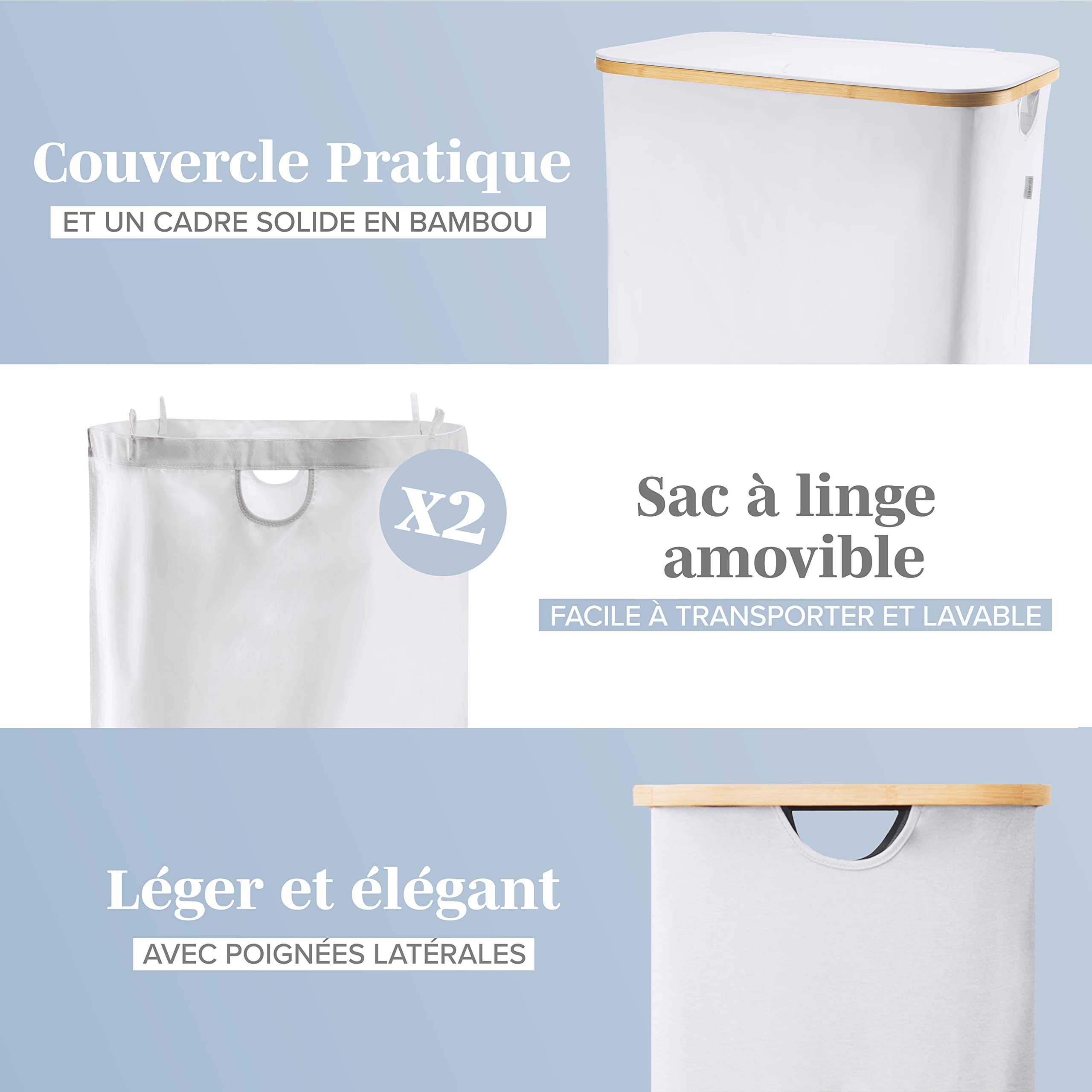LONBET 150L Panier a Linge 2 Compartiment avec Couvercle et Cadre Bambou Robuste - Esthétique avec Poignées Latérales, Tissu Respirant - Sac Amovible Gris Clair