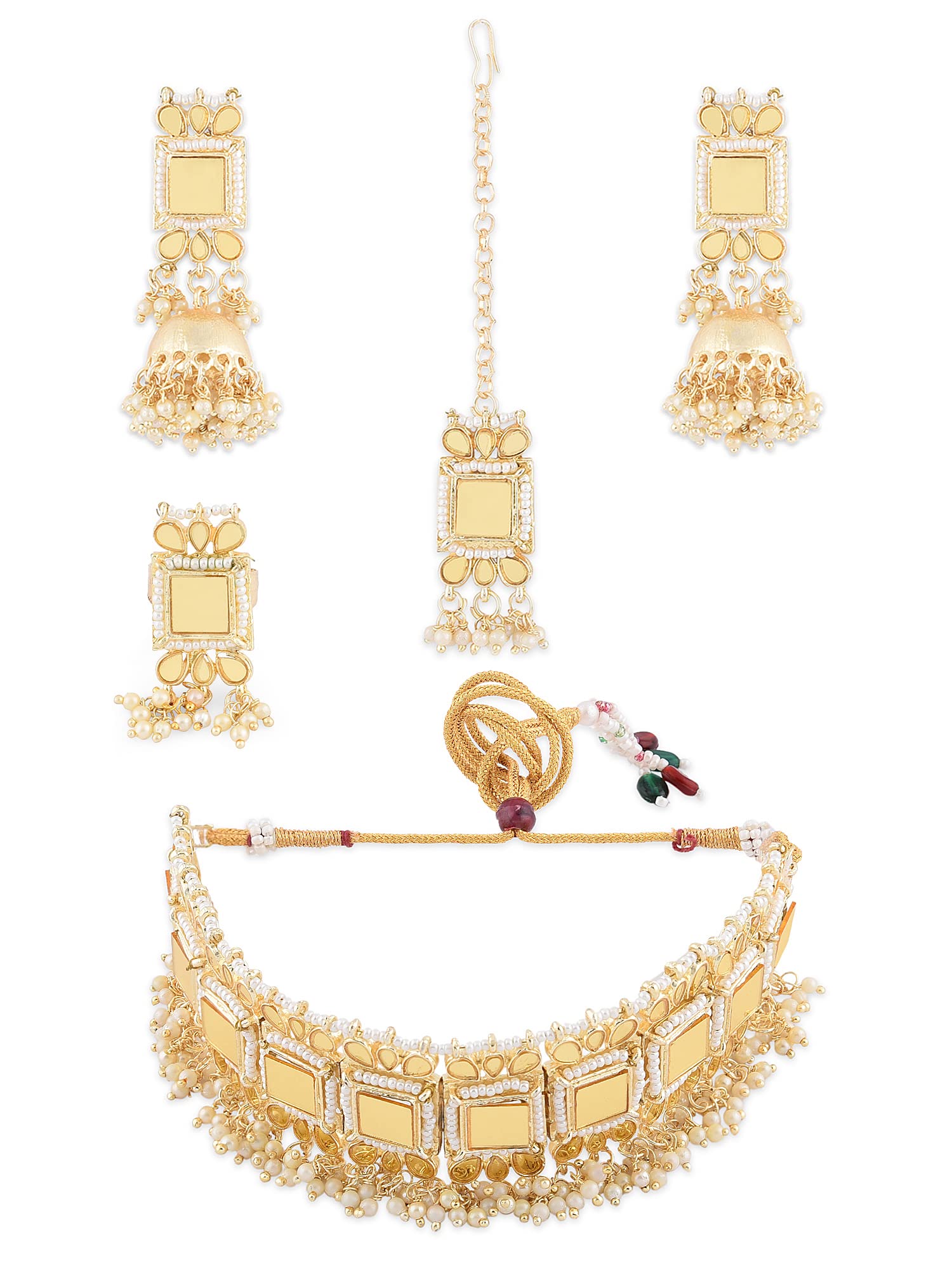 ZAVERI PEARLS Gold Tone Mirror Choker Necklace Earring Maangtikka & Ring Set For Women-ZPFK11536 (B09NM9RXZX) Amazon Price History, Amazon Price Tracker