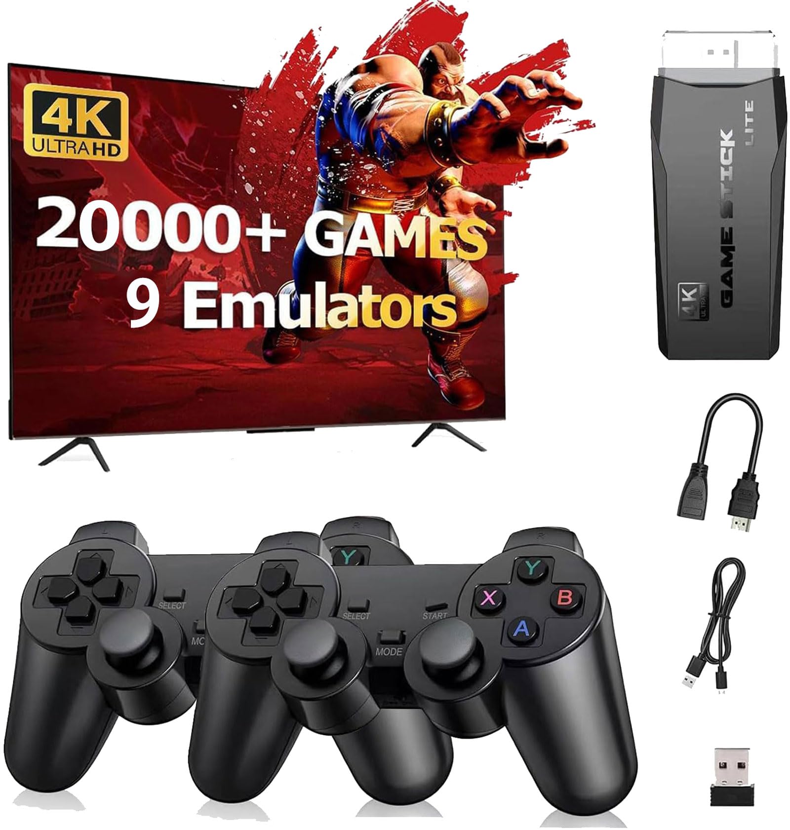 Retro Konsole mit 20.000+ Spielen, Retro Spielkonsole Game Stick, HDMI Plug & Play mit 2 Wireless Controllern, Klassische Videospielkonsole Geschenk für Familie & Freunde (Schwarz)