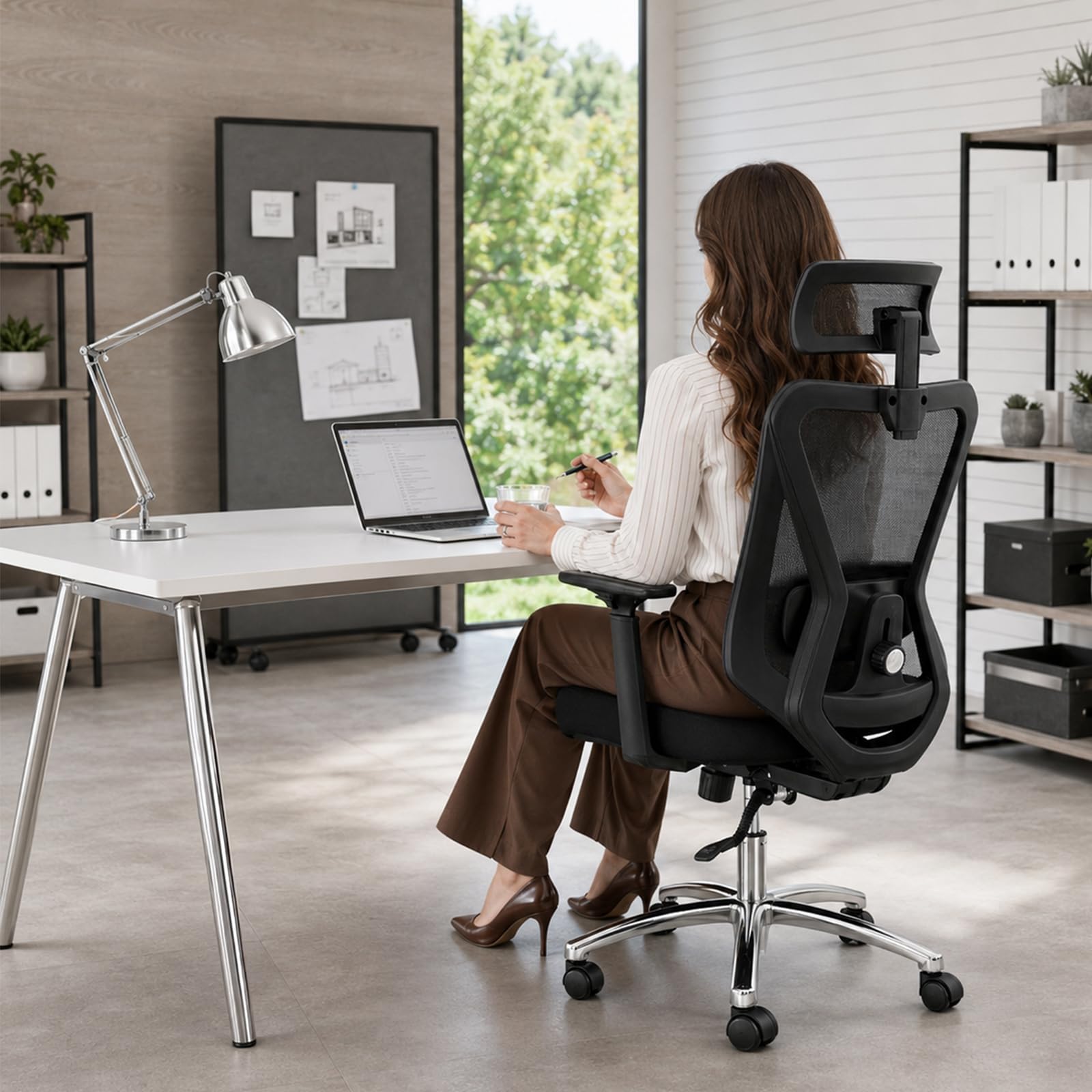 Durrafy Sedia Ufficio Ergonomica, Sedia Scrivania con 2D Poggiatesta, Supporto Lombare Regolabile und Braccioli, 90°-130° Reclinabile Poltrona Ufficio in Rete Traspirante per la Casa, Ufficio e Gaming