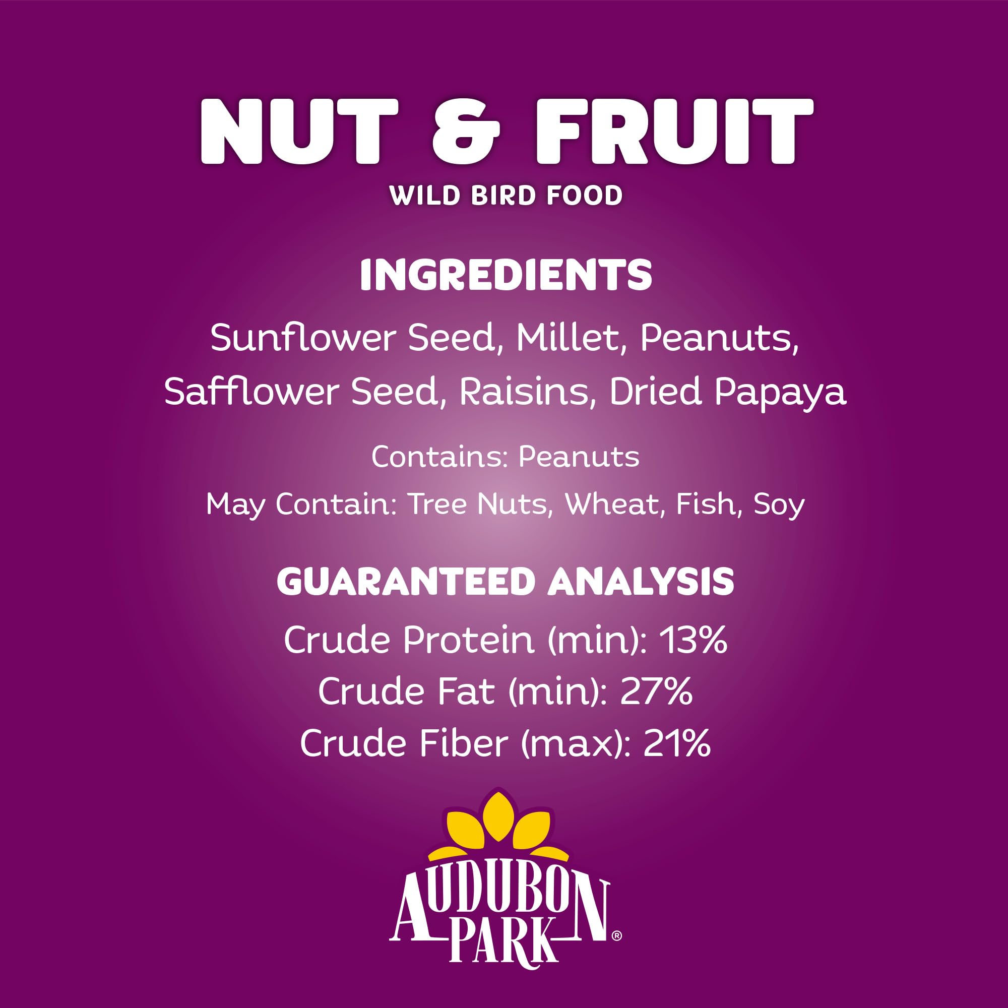 Audubon Park Nut & Fruit - Semilla de Aves Silvestres – 8 Libras Mezcla Premium con Semillas de Girasol, Cacahuetes, cártamo y Frutas secas - Alimento para pájaros para comederos Exteriores