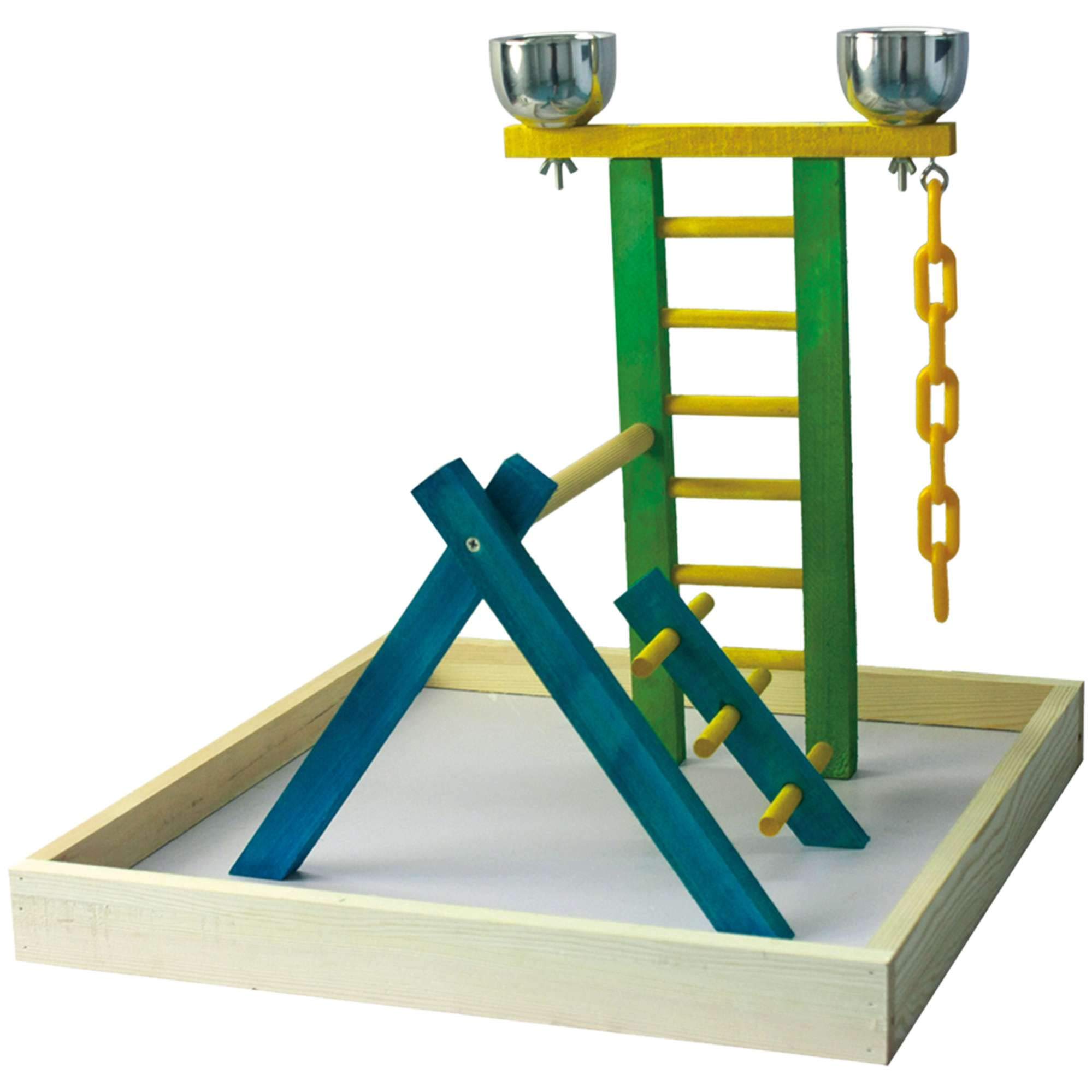 ICA CJ4 Centro de Juego y Ejercicio de Madera para Pájaros, 2 Comederos, 46x46x45 cm